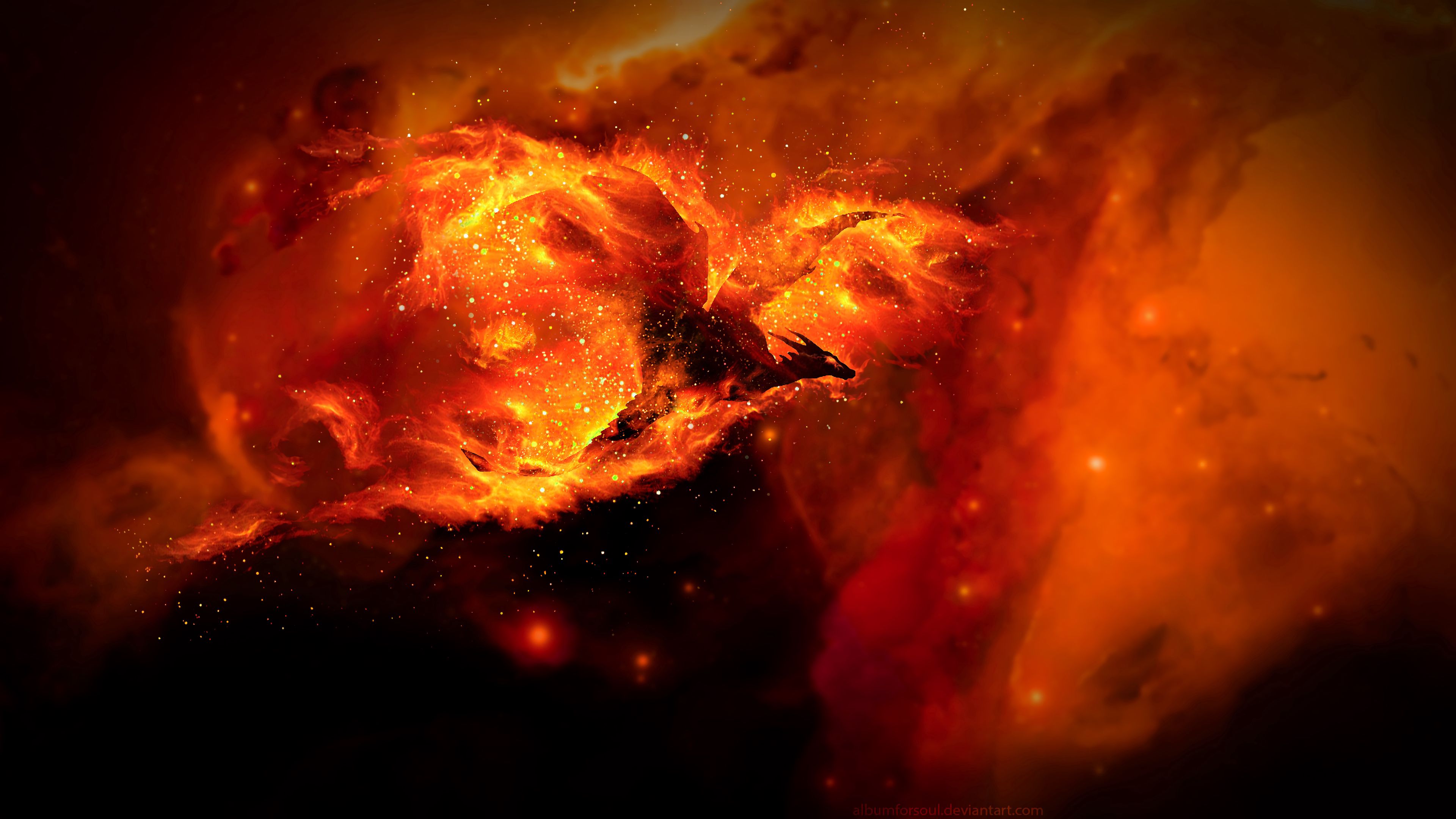 fire, dragon, art, dark, bright, flame, sparks HD wallpaper