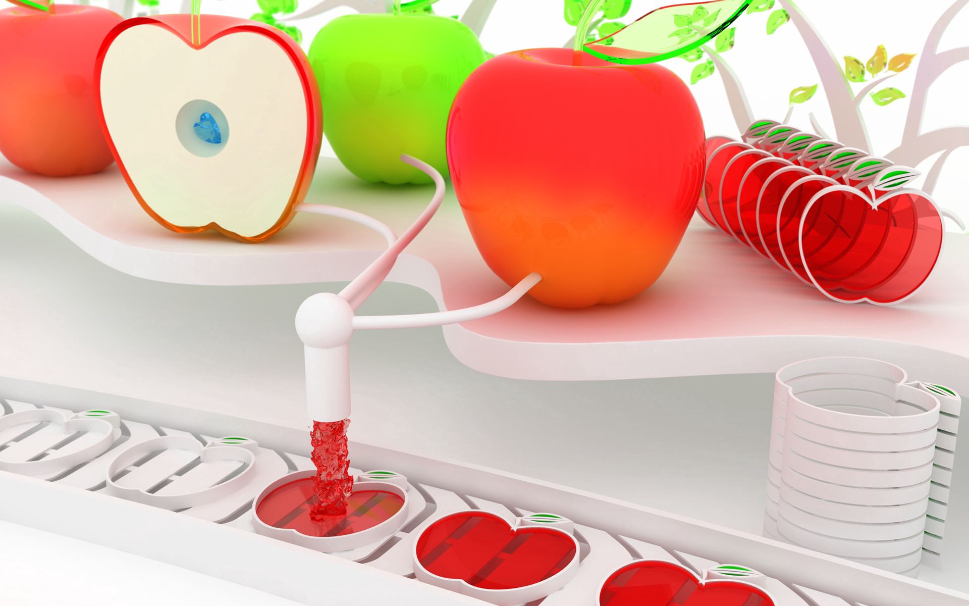 Handy-Wallpaper Obst, Äpfel, 3D, Mechanismus, System, Gerät kostenlos herunterladen.