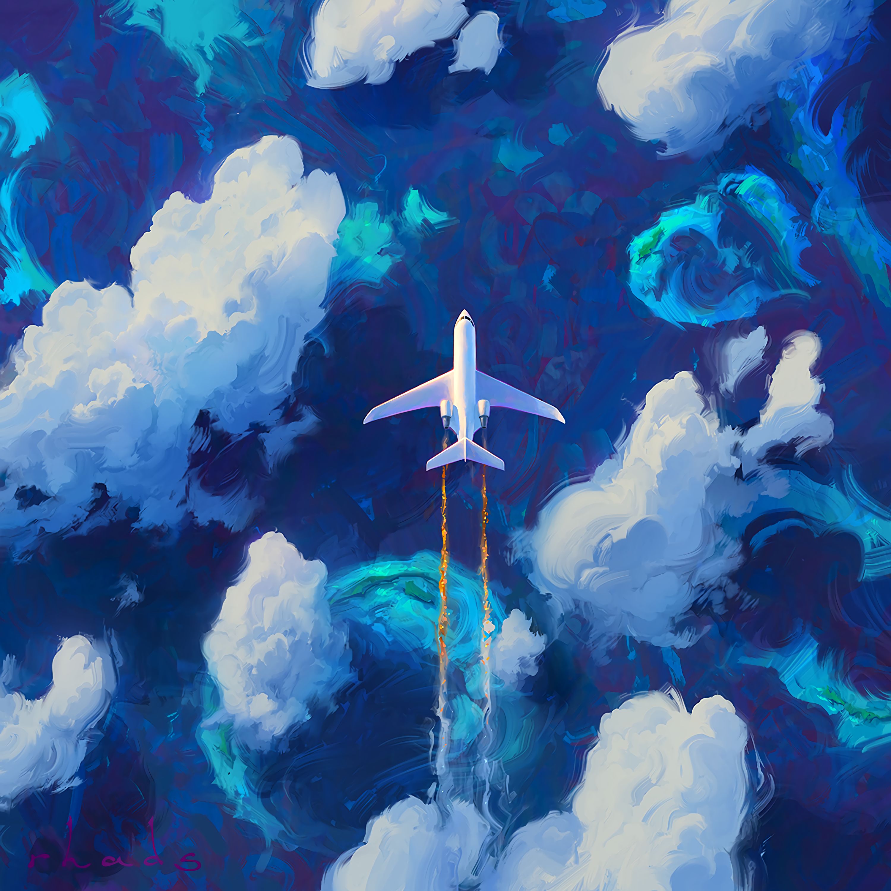 art, plane, clouds, airplane, flight, sky 8K