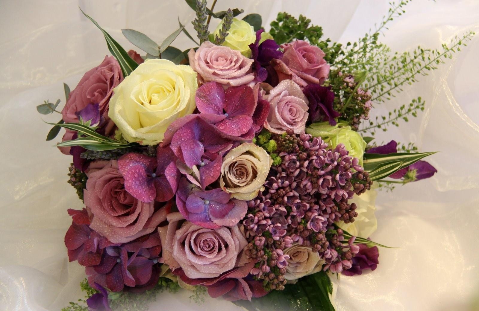 flowers, roses, lilac, drops, greens, bouquet, freshness, composition