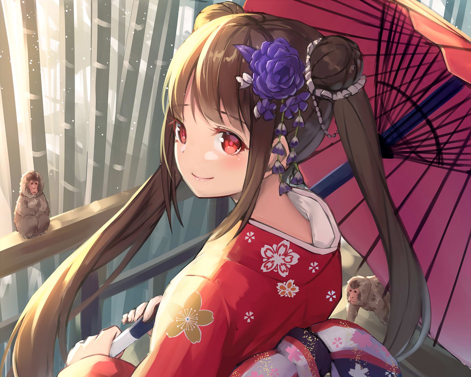 flower, girl, long hair, japanese clothes Panoramic Wallpapers
