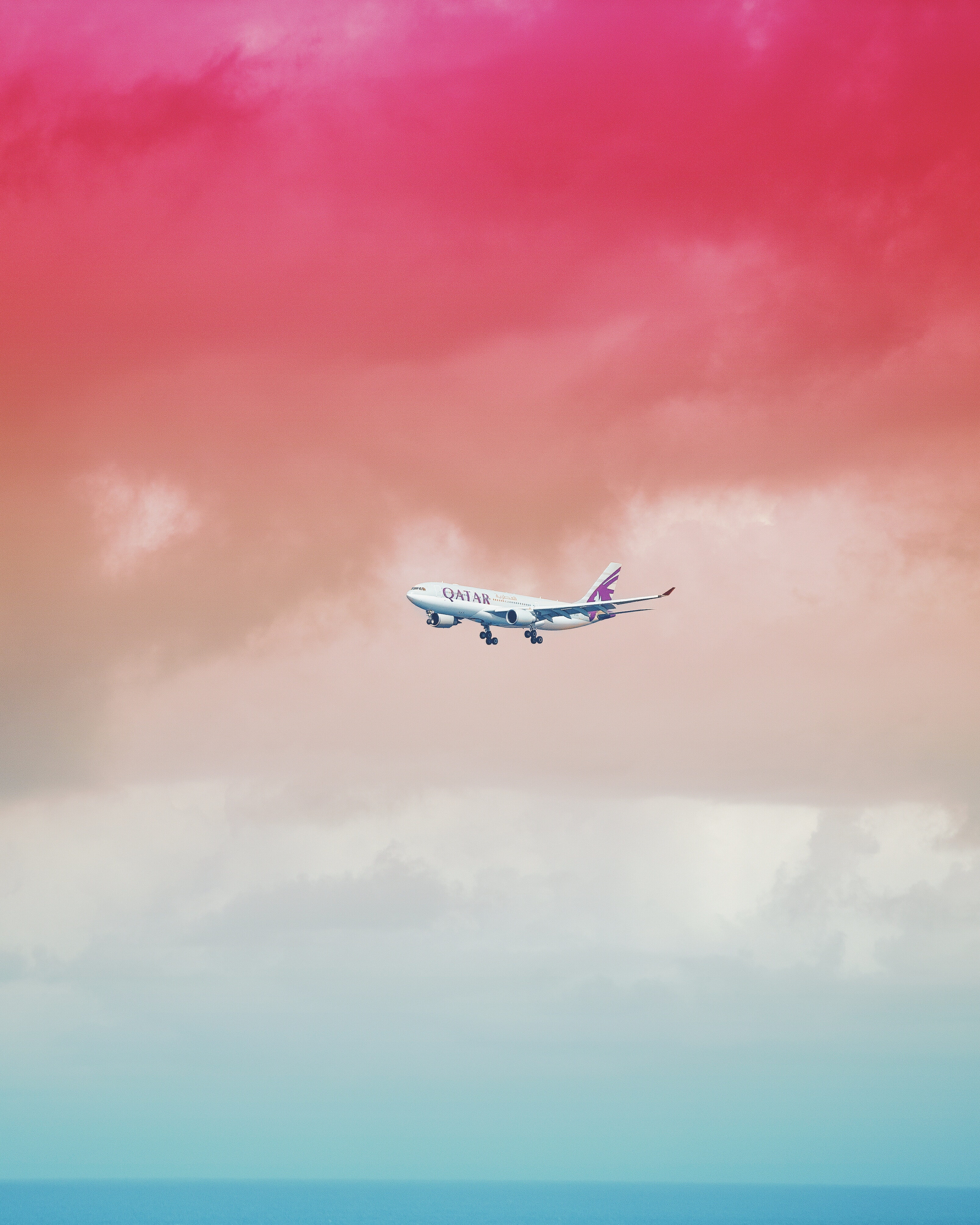 plane, colorful, sky, clouds, miscellanea, miscellaneous, flight, airplane, colourful, gradient HD wallpaper
