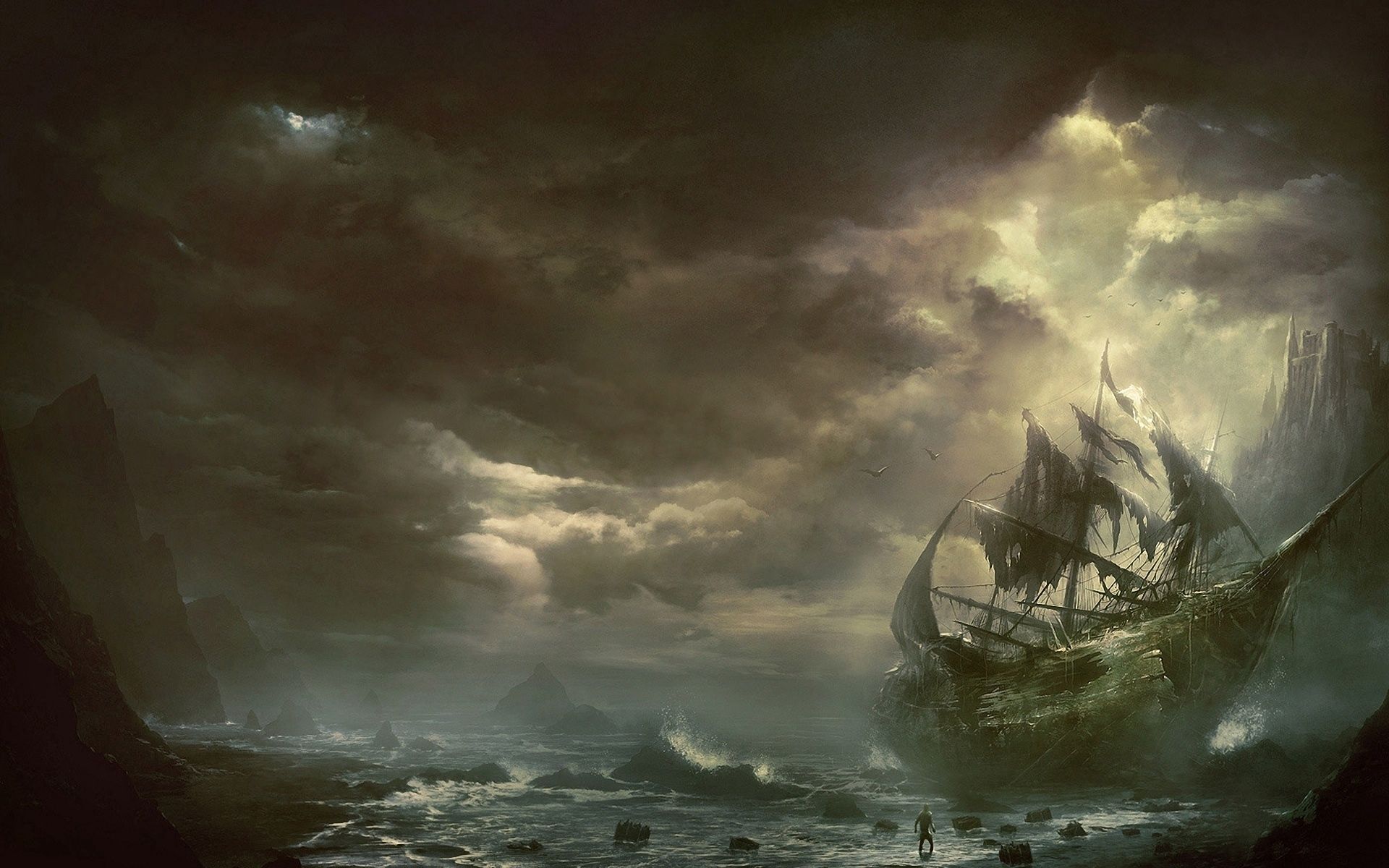 clouds, fantasy, mountains, sea, sailboat, sailfish, ship, ruined, destroyed
