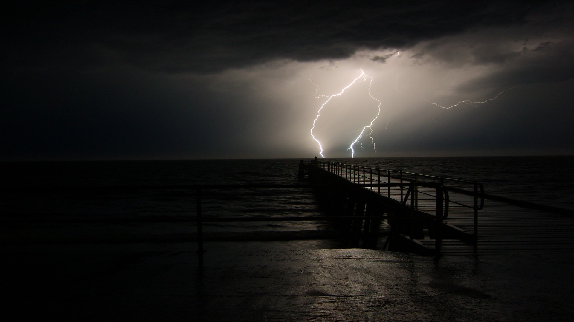 photography, black & white, pier, lightning