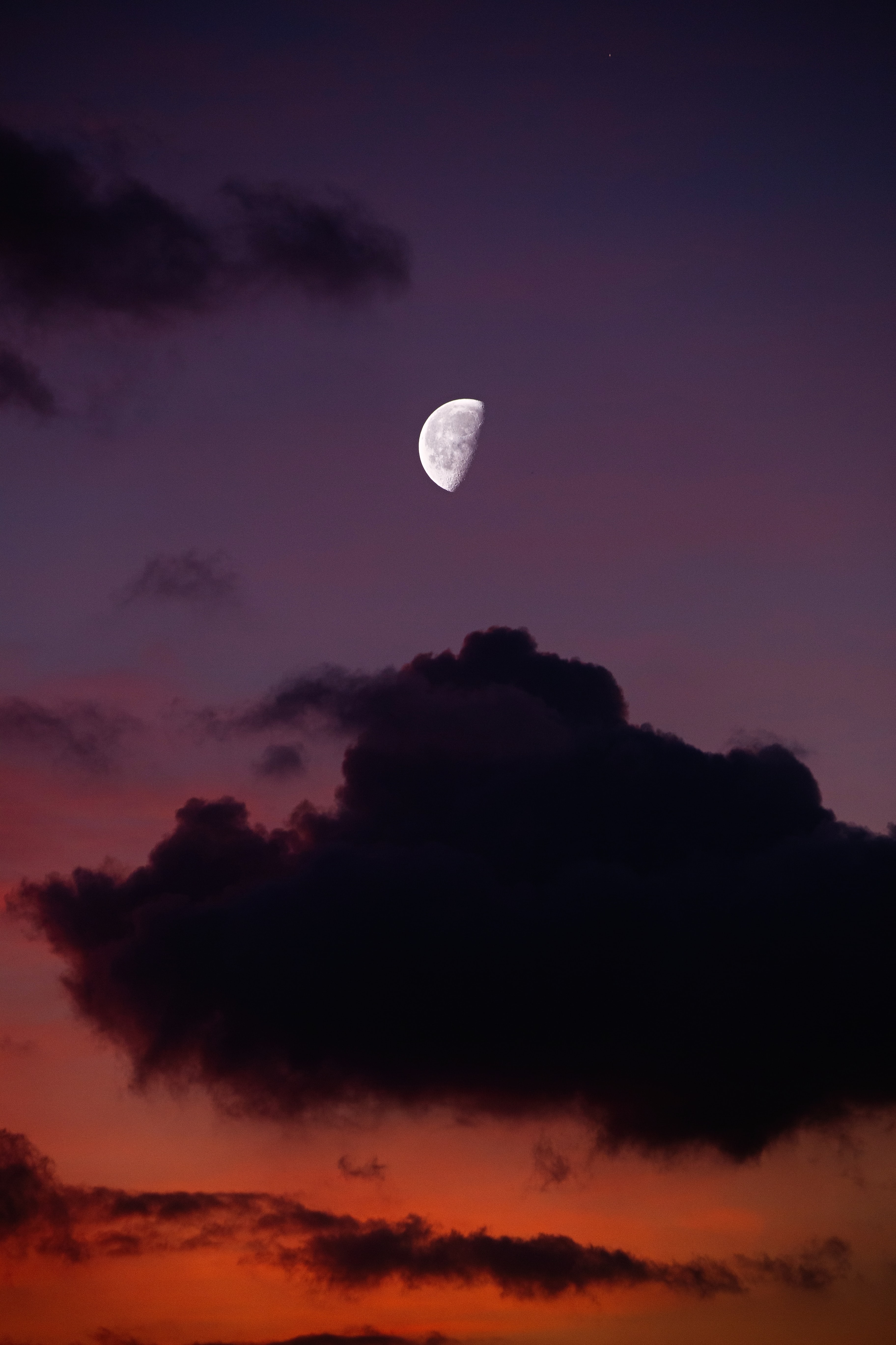 nature, sunset, sky, clouds, moon, full moon for android