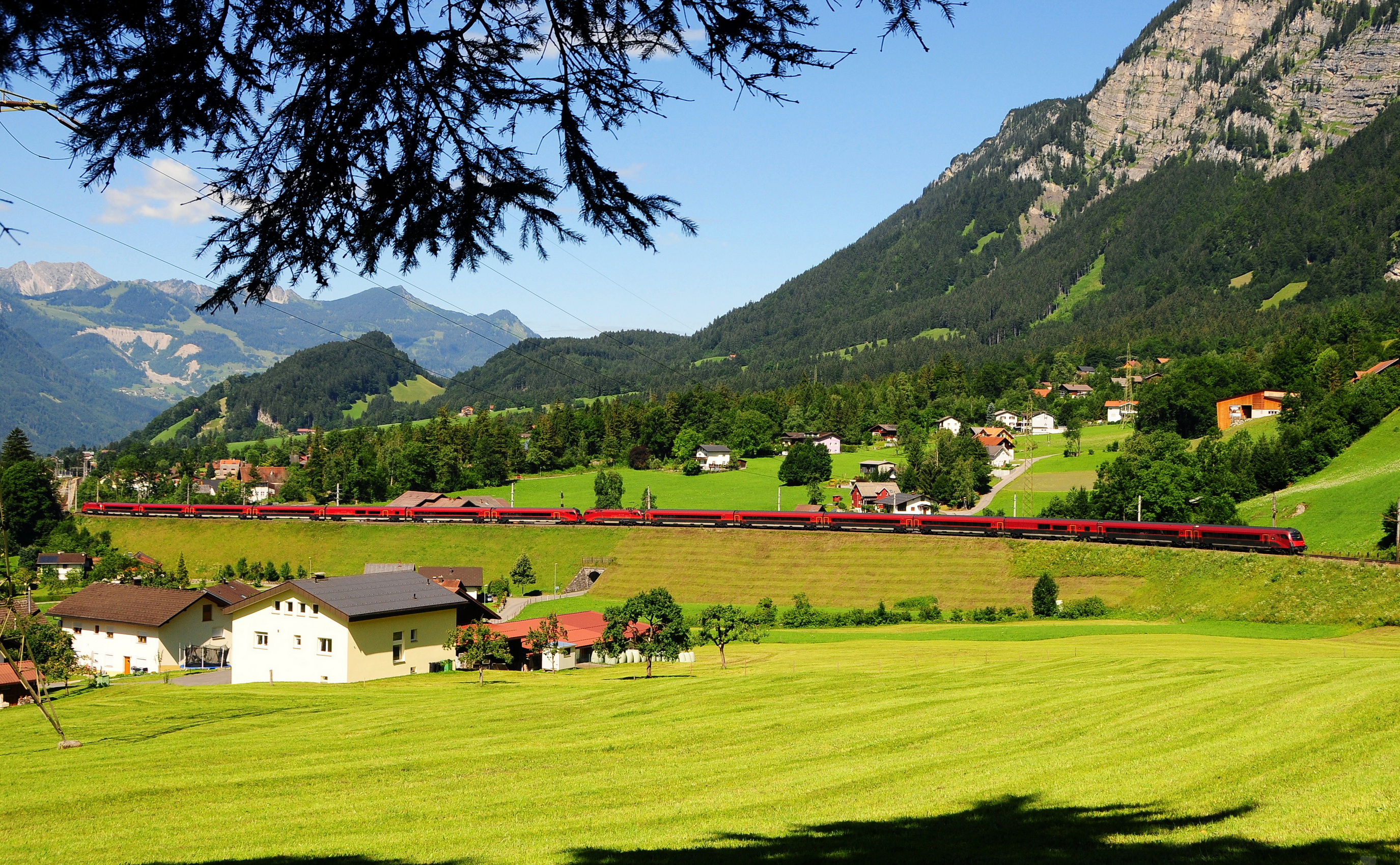 austria, nature, trees, grass, mountains mobile wallpaper