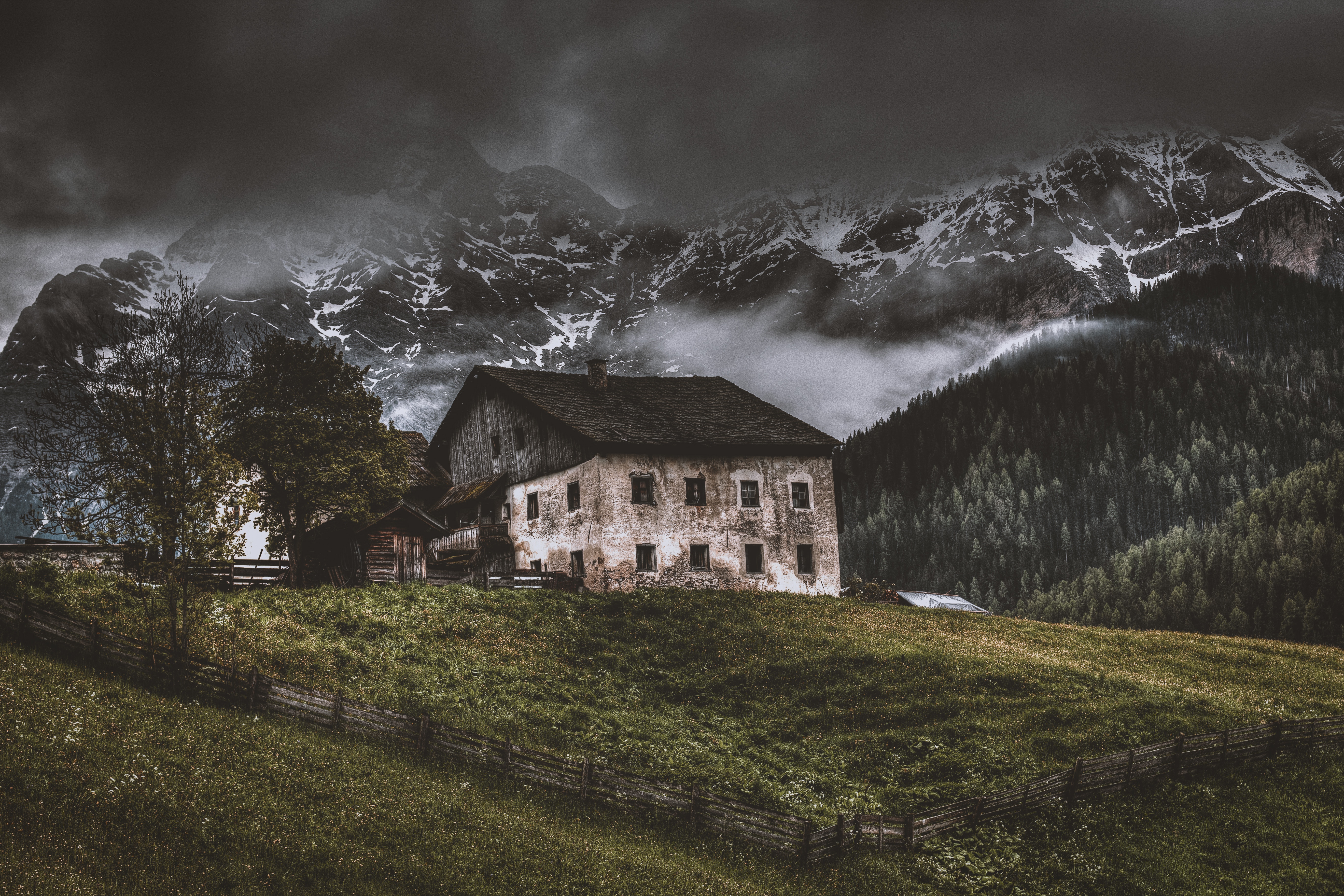 nature, grass, mountains, privacy, seclusion, fog, house, old, fencing, enclosure wallpapers for tablet