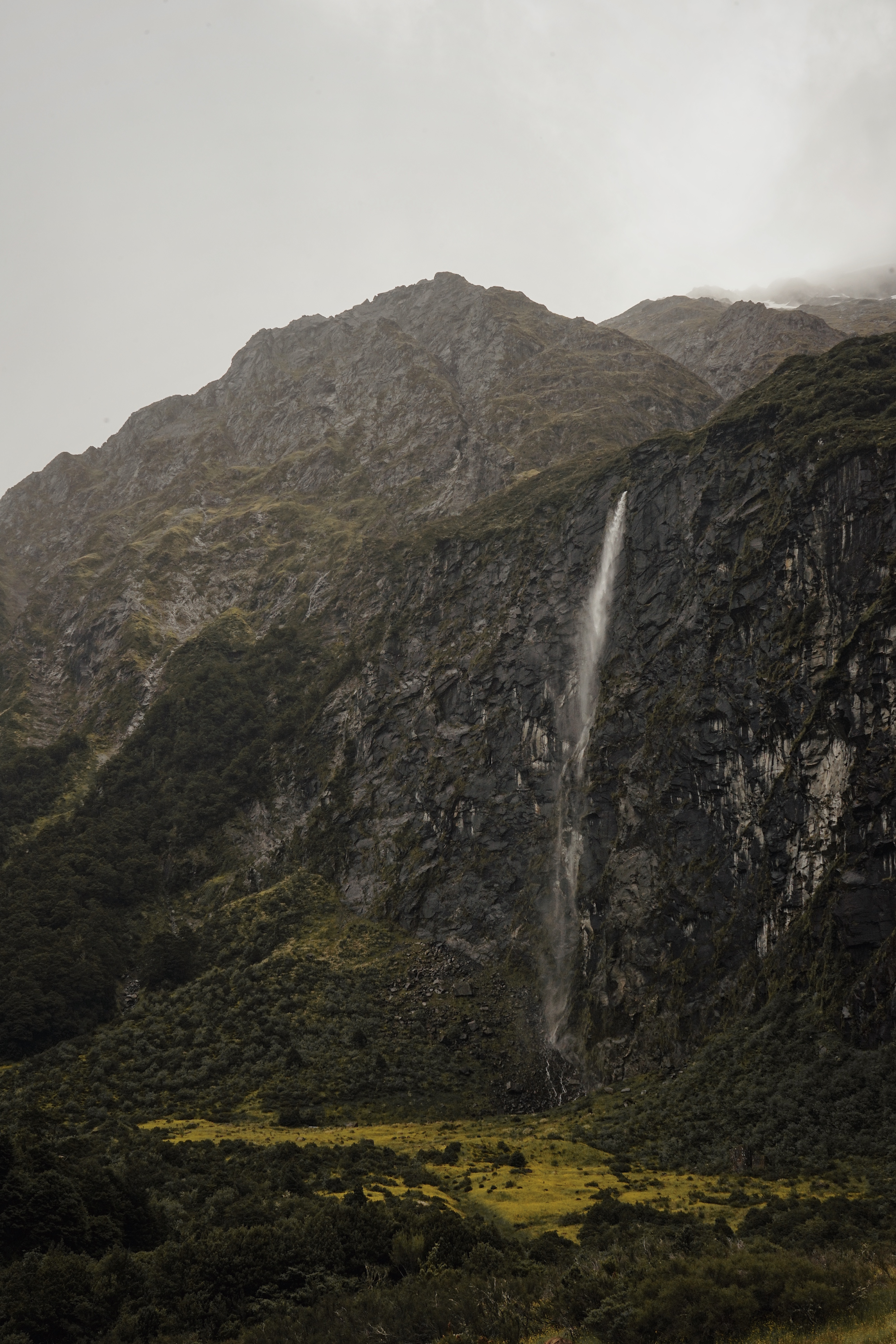 nature, fog, precipice, waterfall Phone Wallpaper