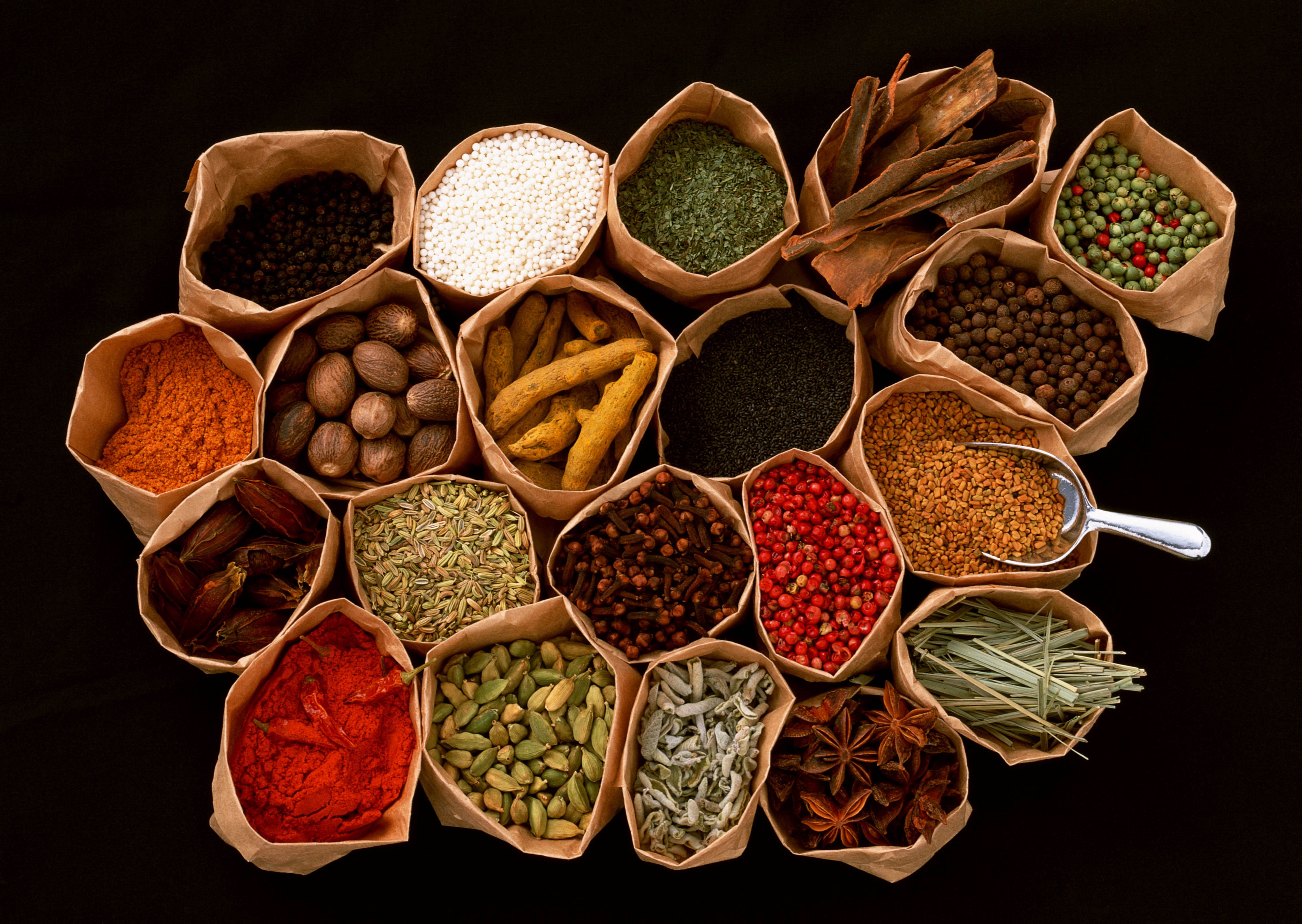 51713 download wallpaper food, black background, spice, spices, seasoning, condiments, additives, supplements, packages screensavers and pictures for free