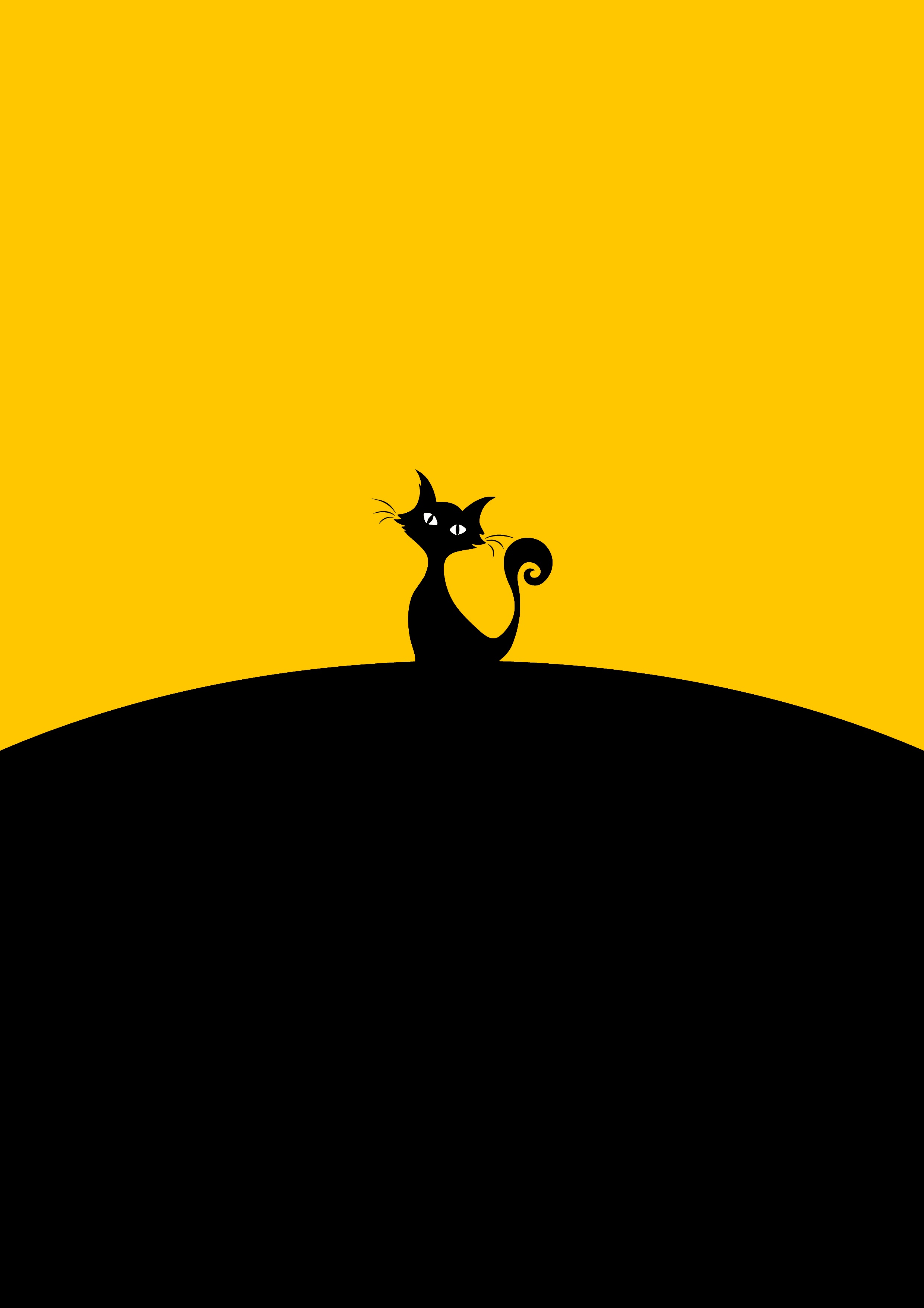 Mobile wallpaper yellow, black, vector, minimalism, silhouette, cat