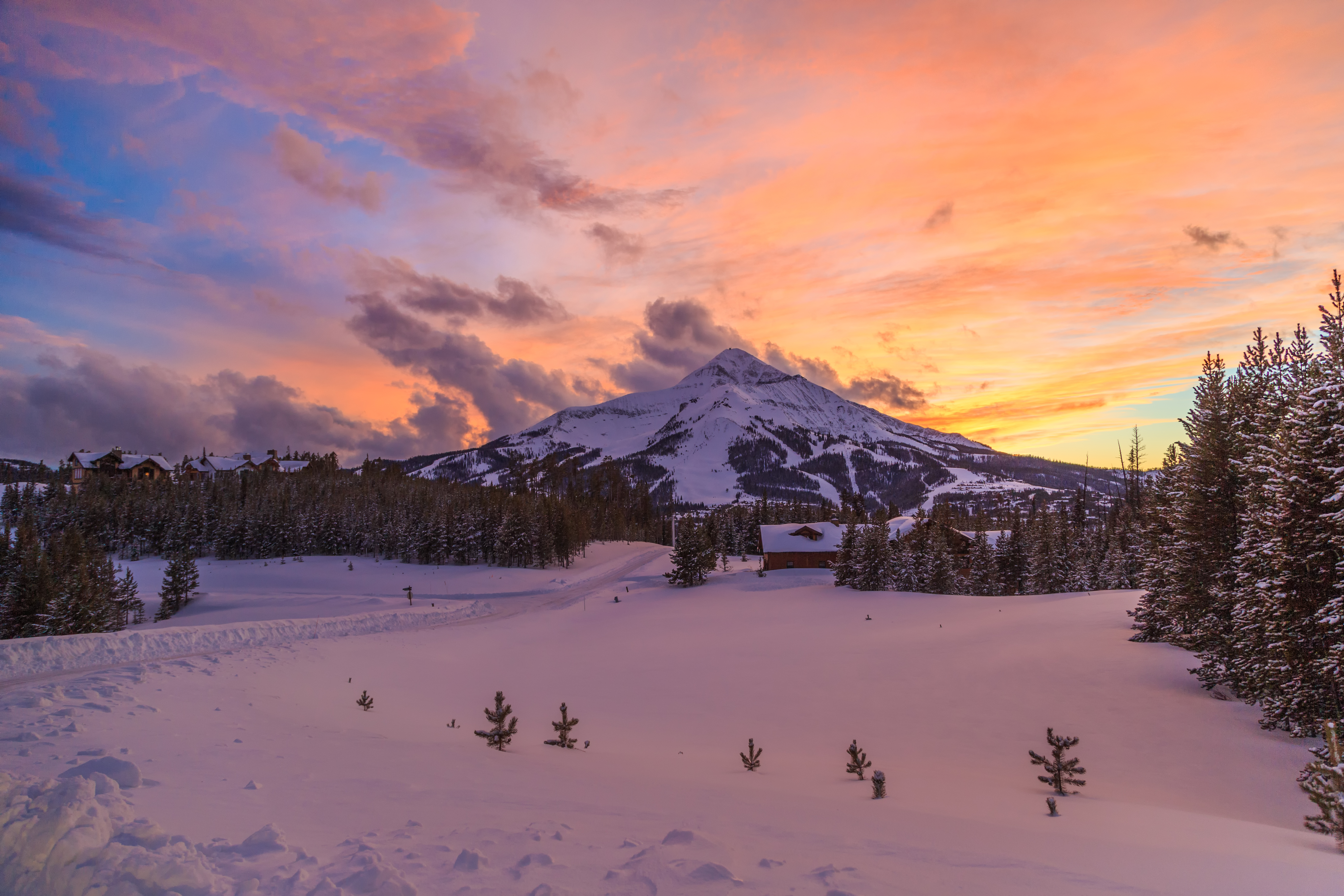 71820 download wallpaper winter, nature, sunset, snow, mountain, montana screensavers and pictures for free