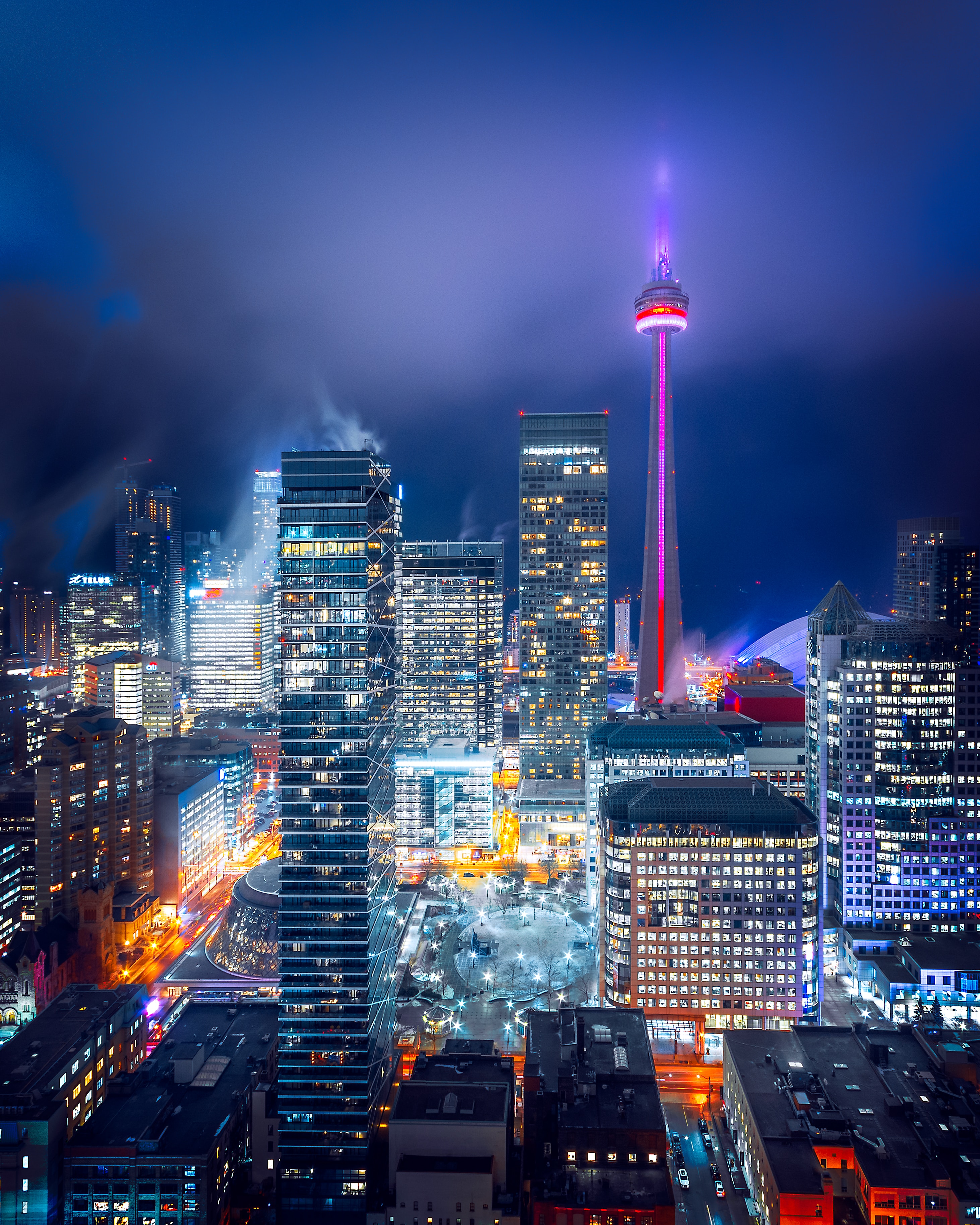 android building, night city, toronto, cities, lights, view from above, bright
