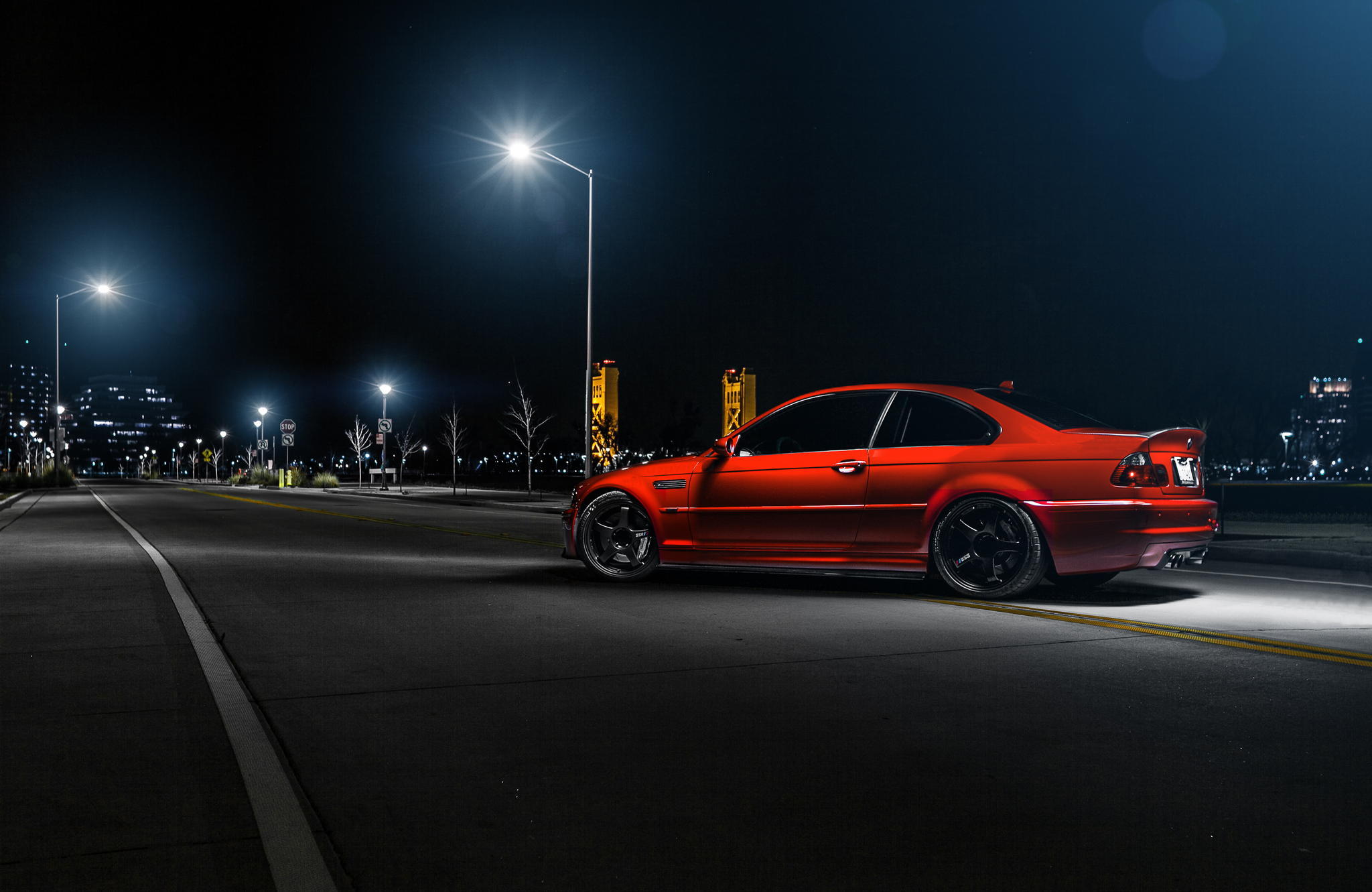141945 download wallpaper auto, bmw, night, cars, red, side view, e46, m3 screensavers and pictures for free