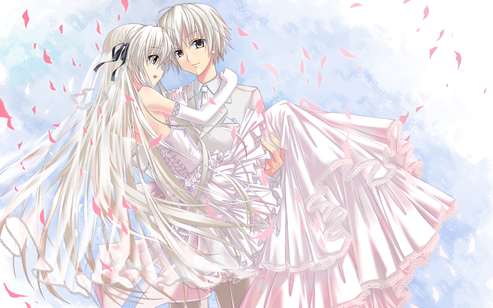anime, yosuga no sora, dress, glove, smile, sora kasugano, wedding dress, wedding, white dress