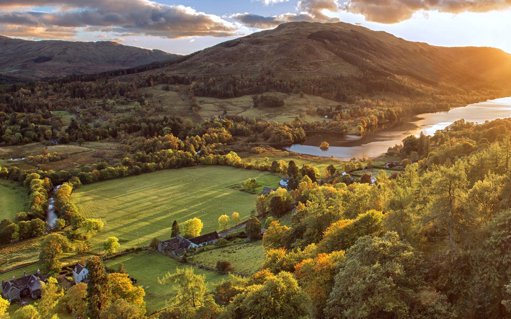 field, trees, nature, rivers, mountains, view from above, scotland HD wallpaper
