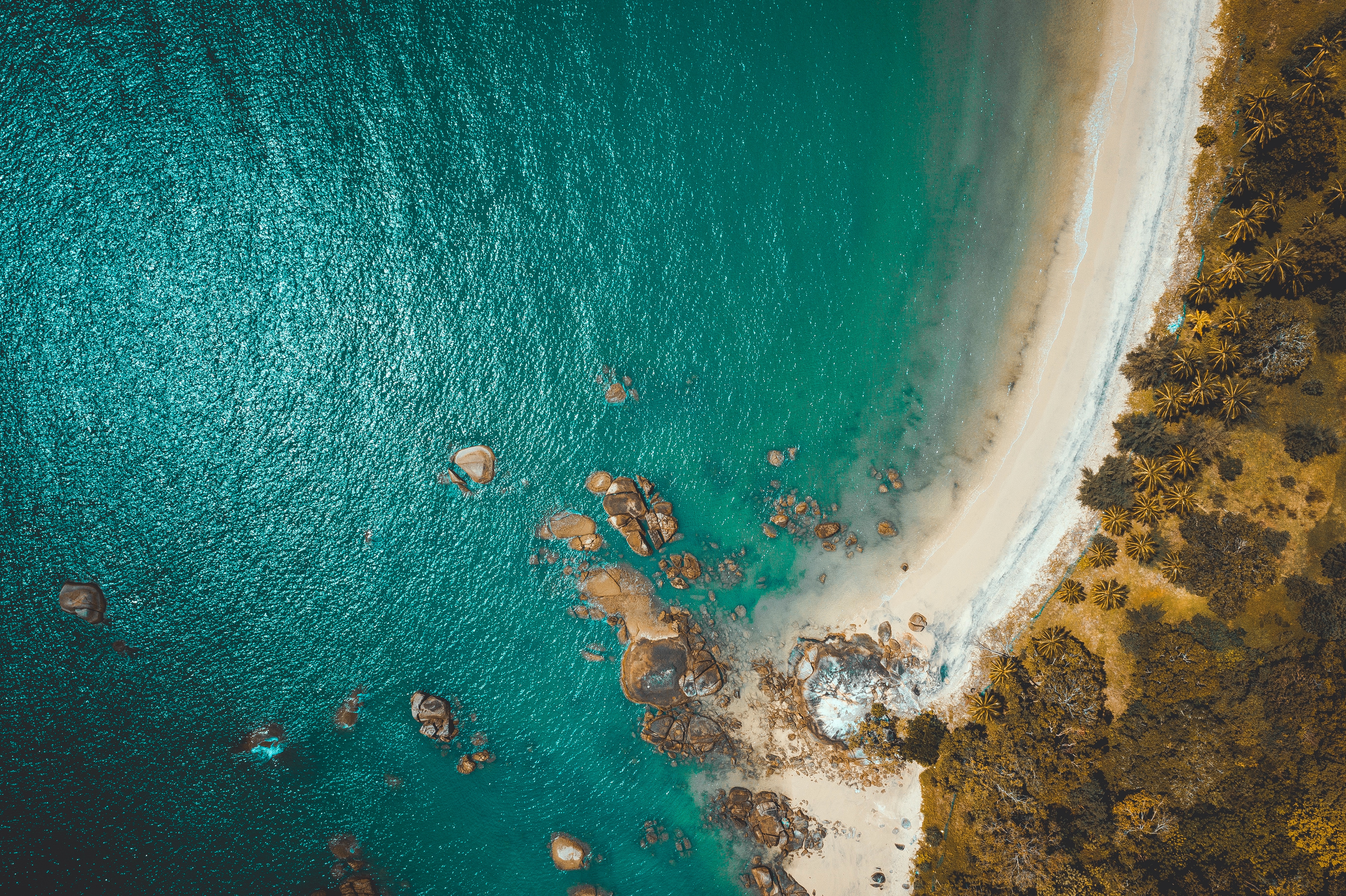 beach, sea, nature, view from above, coast, rocks Full HD