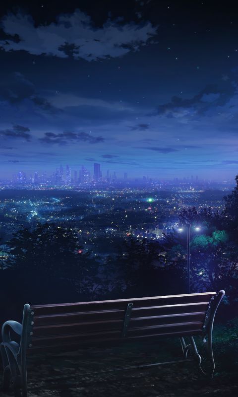 Mobile wallpaper: Anime, Night, City, Bench, Street Light, 1271184 download  the picture for free.