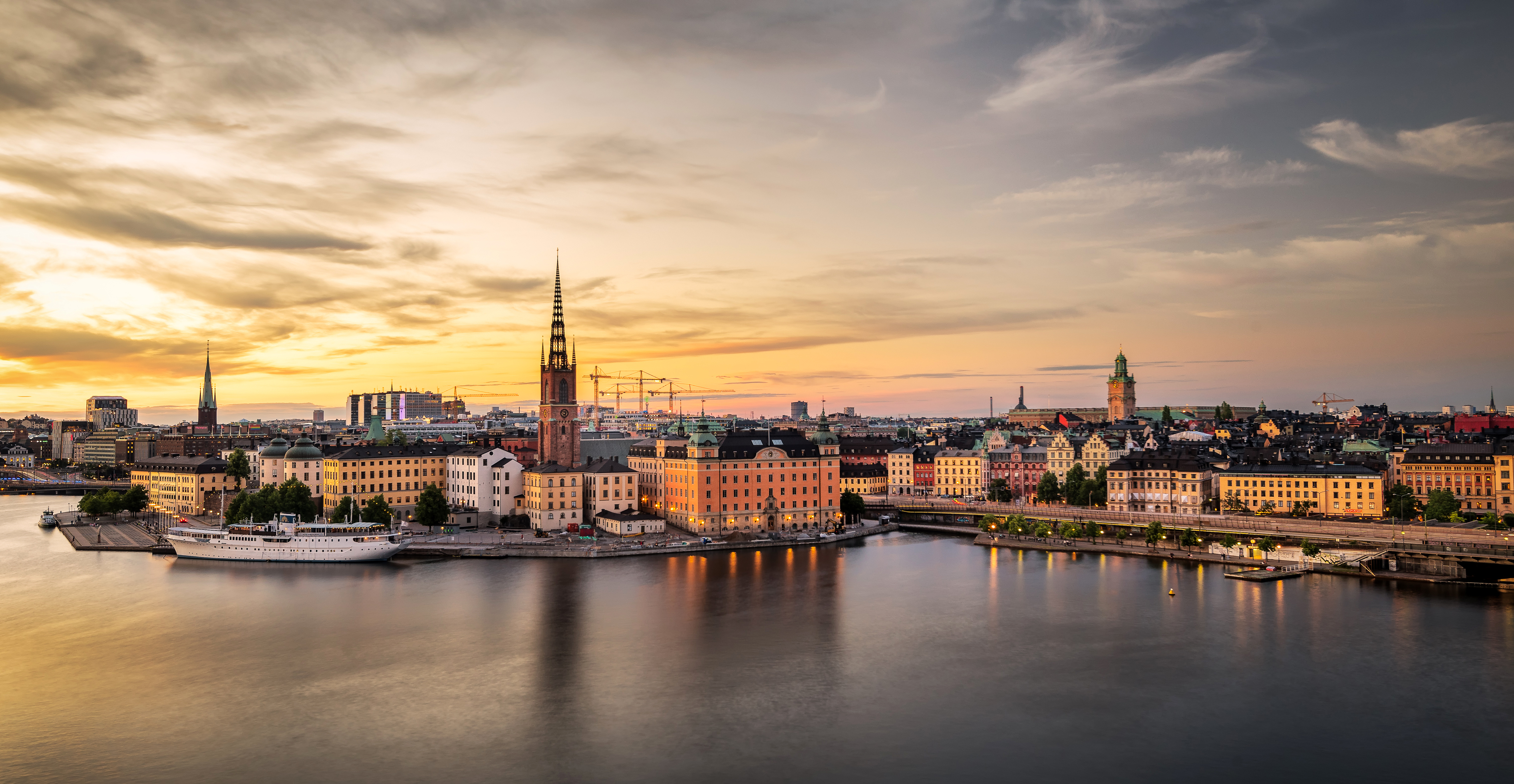 sweden, evening, man made, stockholm, city, river, sunset, cities QHD