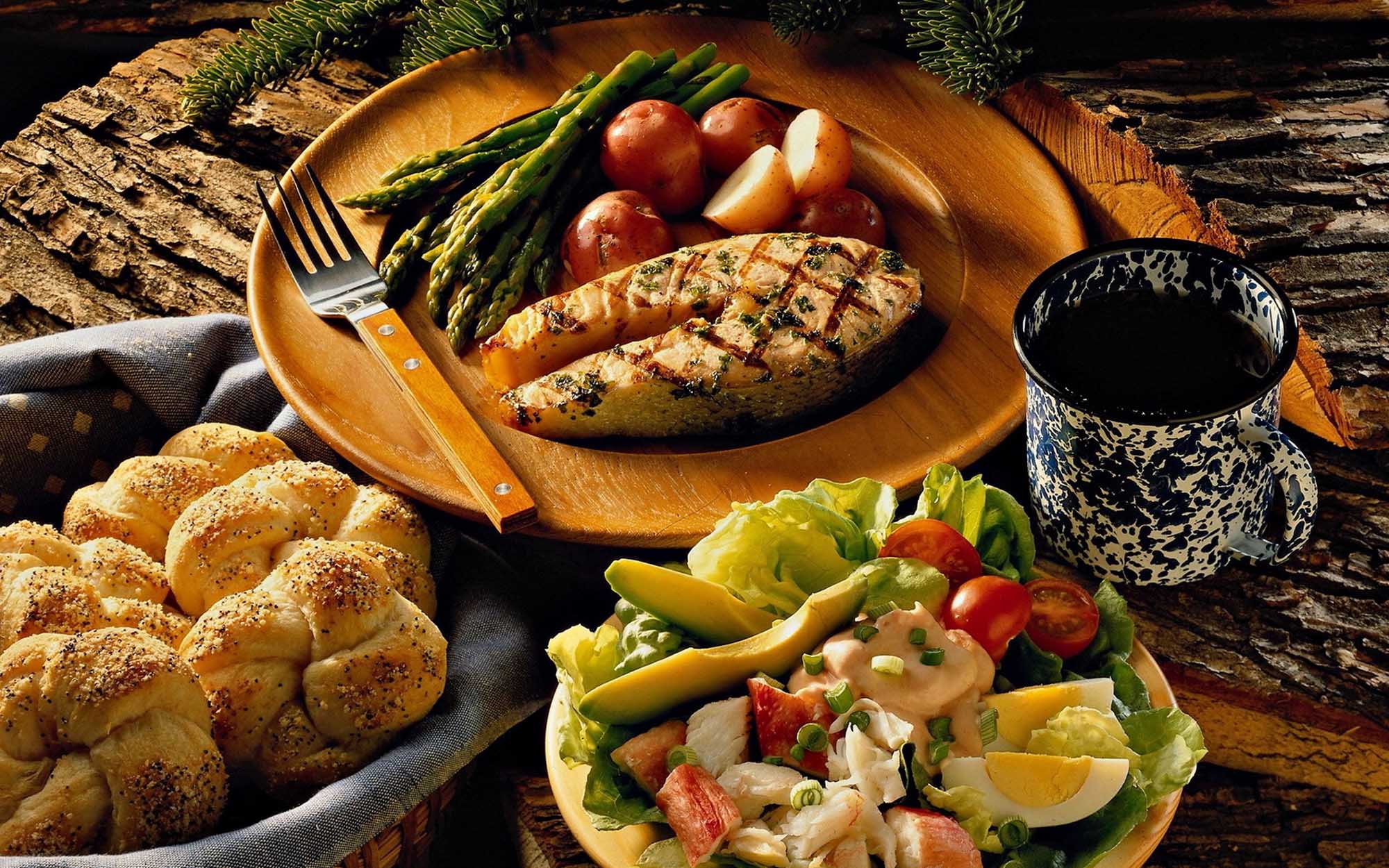 salad, food, meal, asparagus, bread roll, fish, mug, potato, salmon images