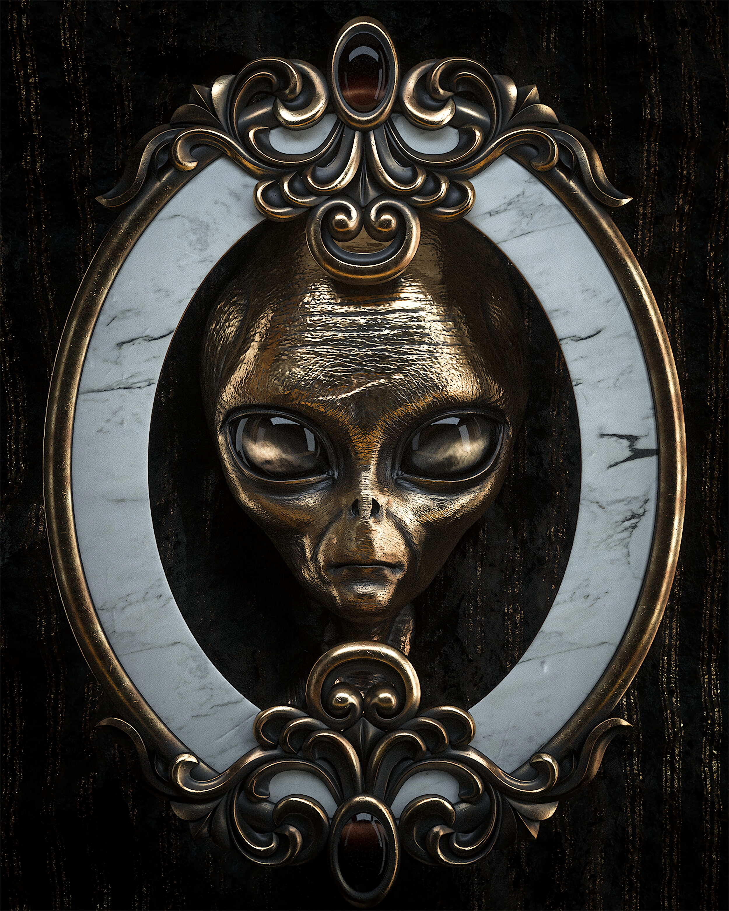 alien, 3d, stranger, metal, head, metallic, portrait