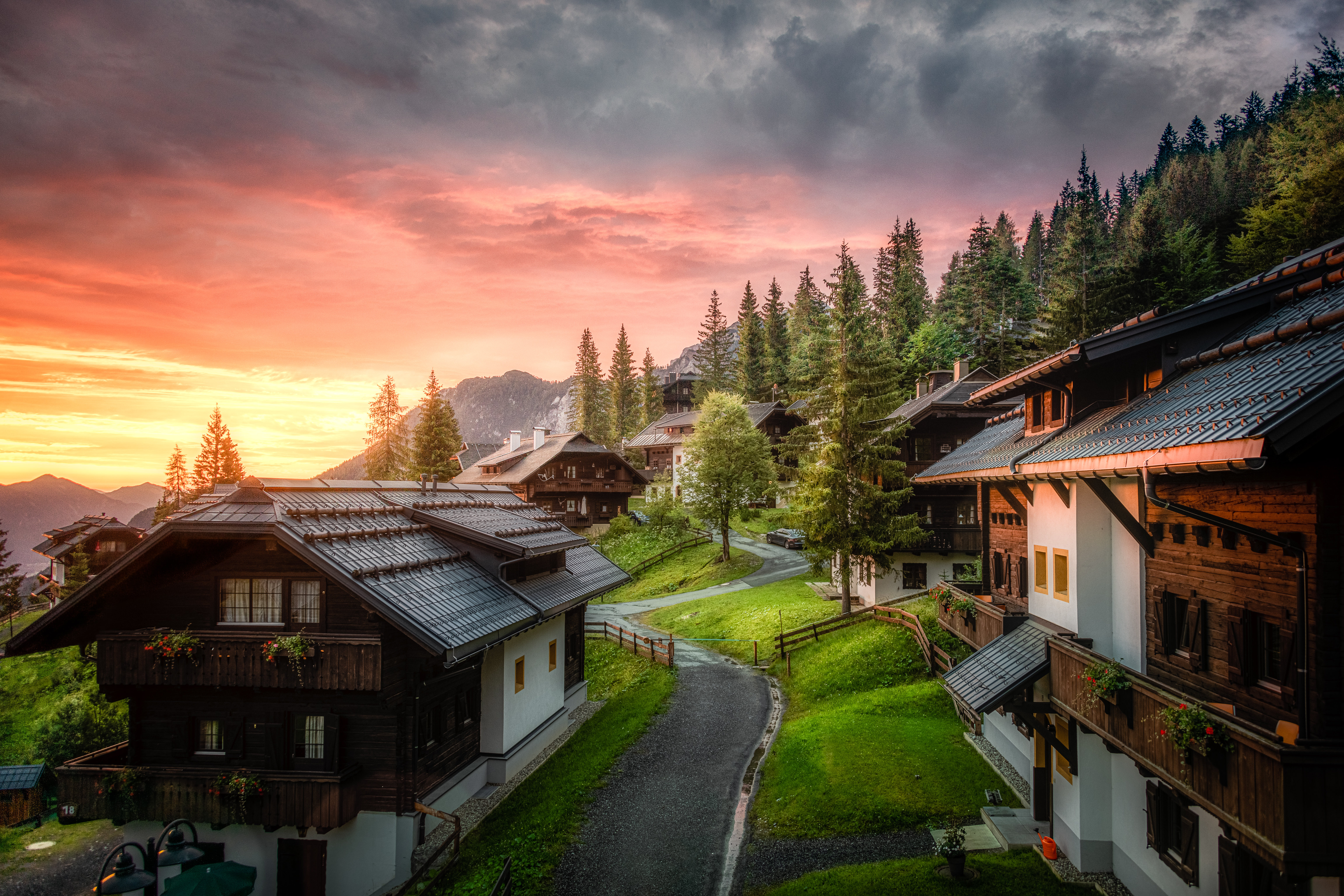 village, nature, sunset, mountains, building, road download HD wallpaper