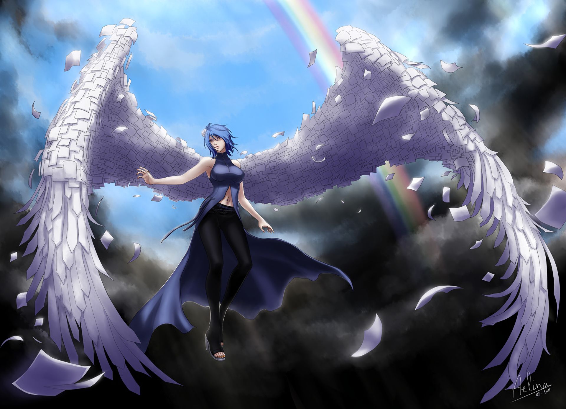 naruto, anime, wings, angel, blue hair, konan (naruto), paper, rainbow HD wallpaper