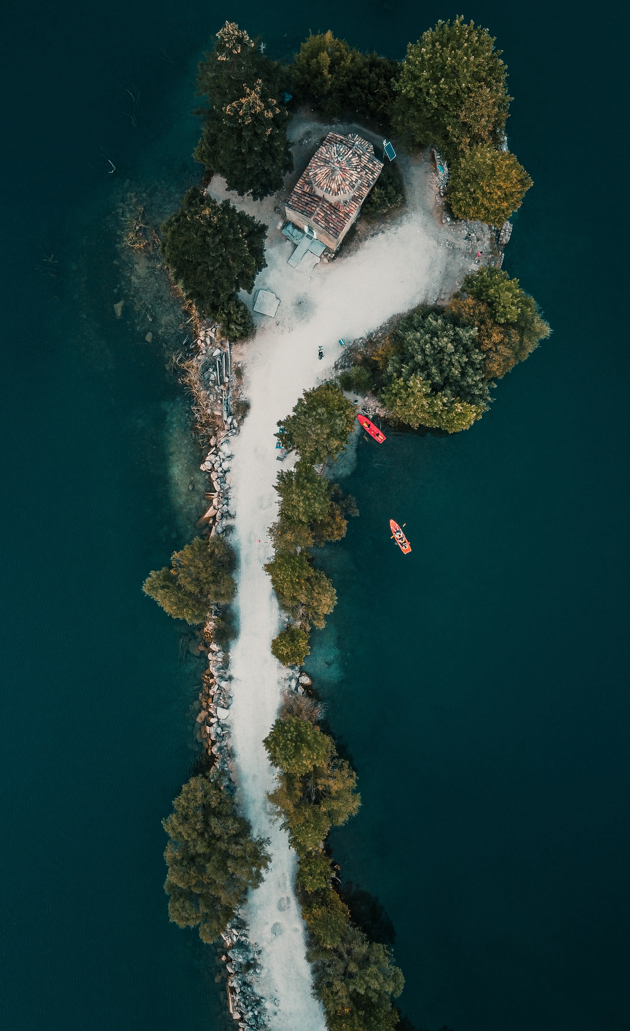 island, nature, trees, sea, building, view from above Full HD