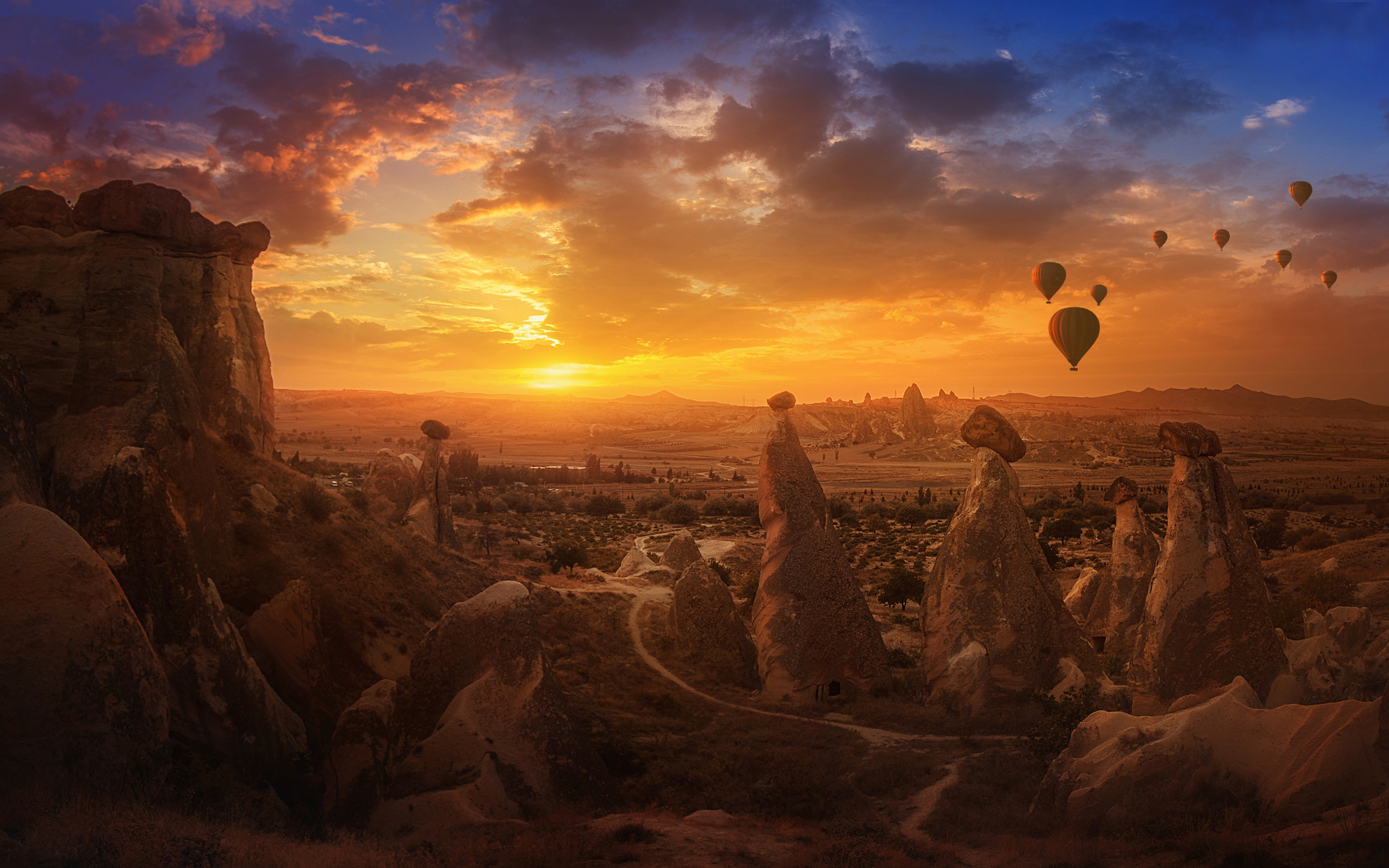 earth, canyon, cappadocia, hot air balloon, landscape, turkey, canyons 4K