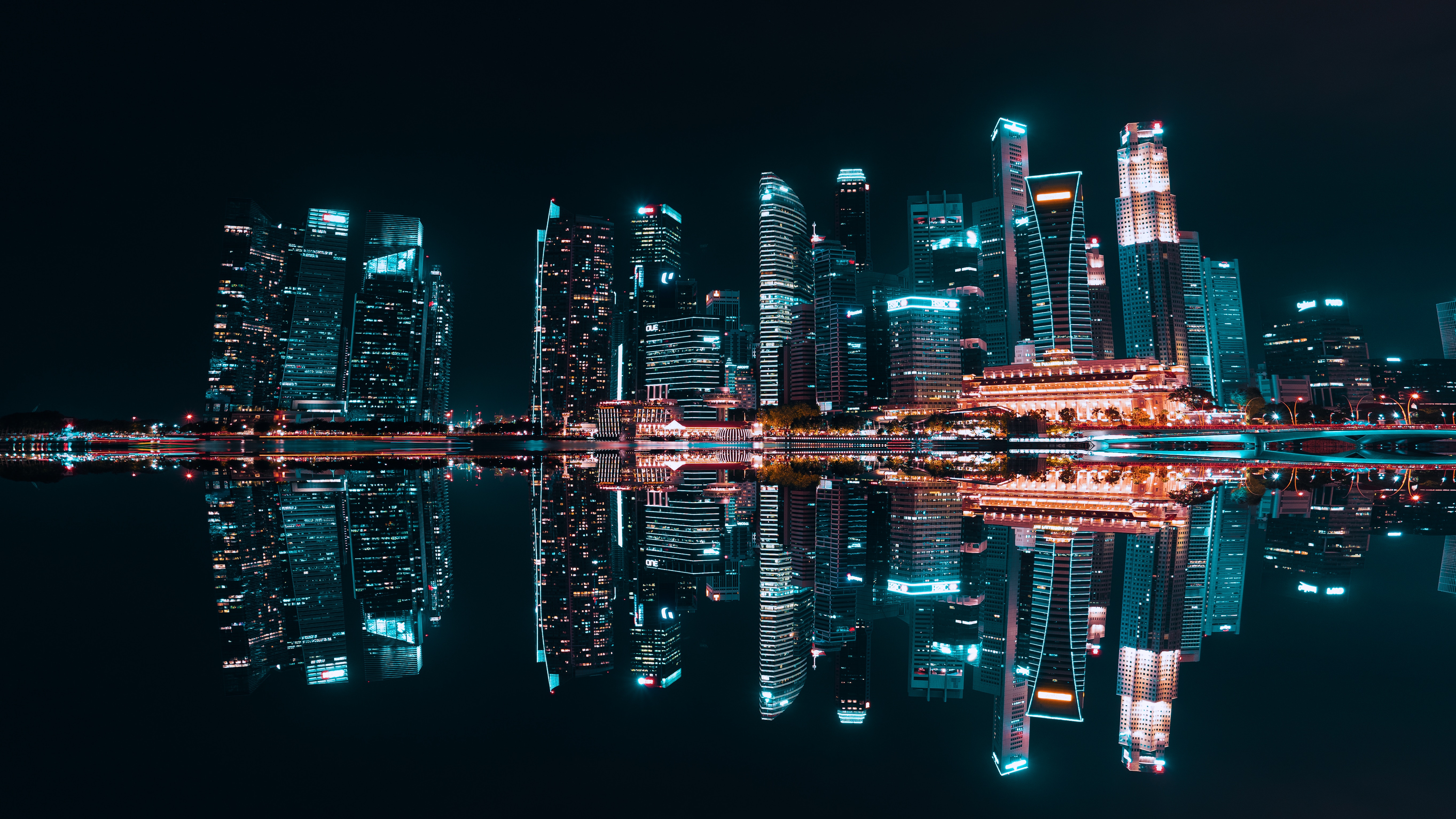 illumination, night city, cities, building, lake, reflection, skyscrapers, backlight, electricity 4K