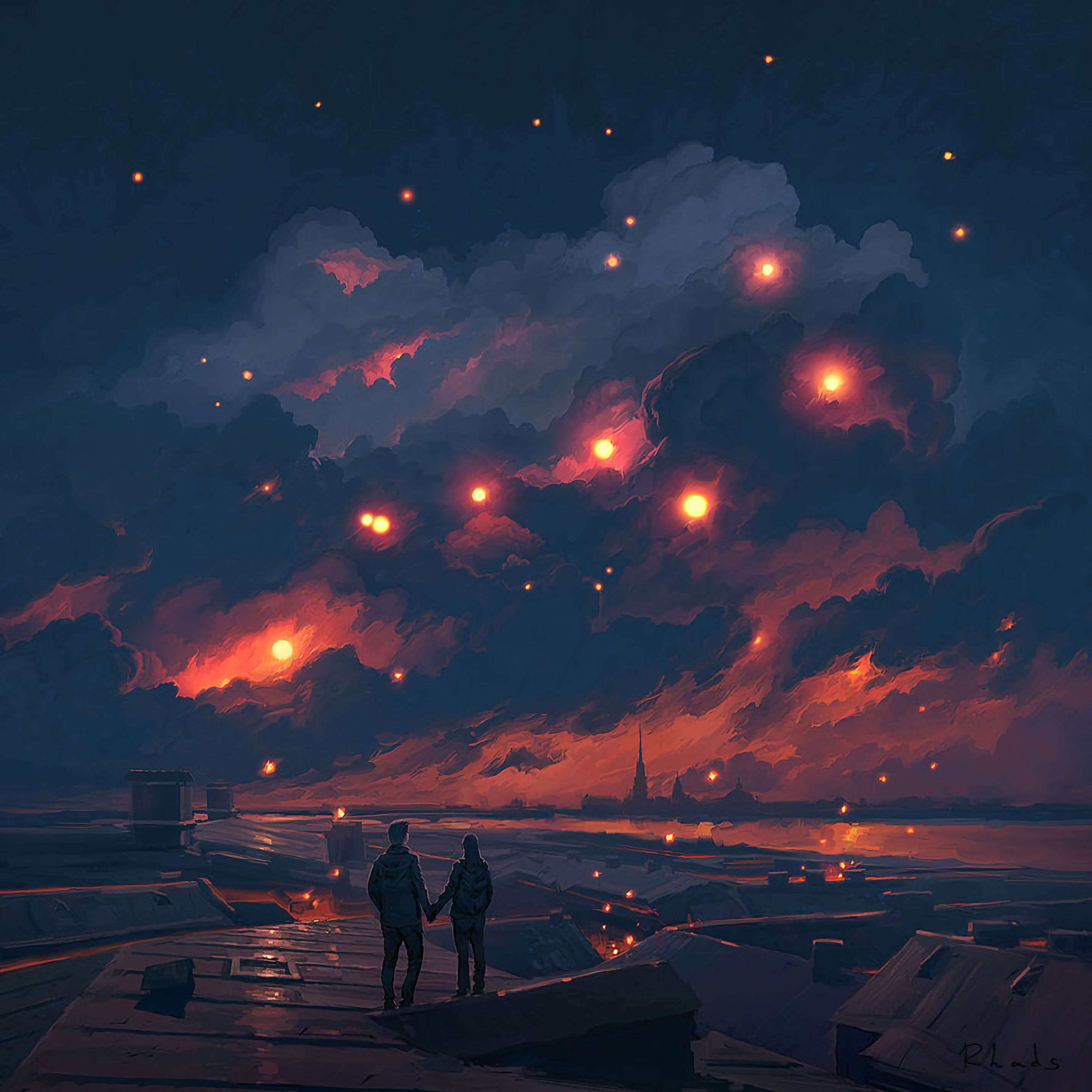 love, art, pair, clouds, couple, romance, night for android