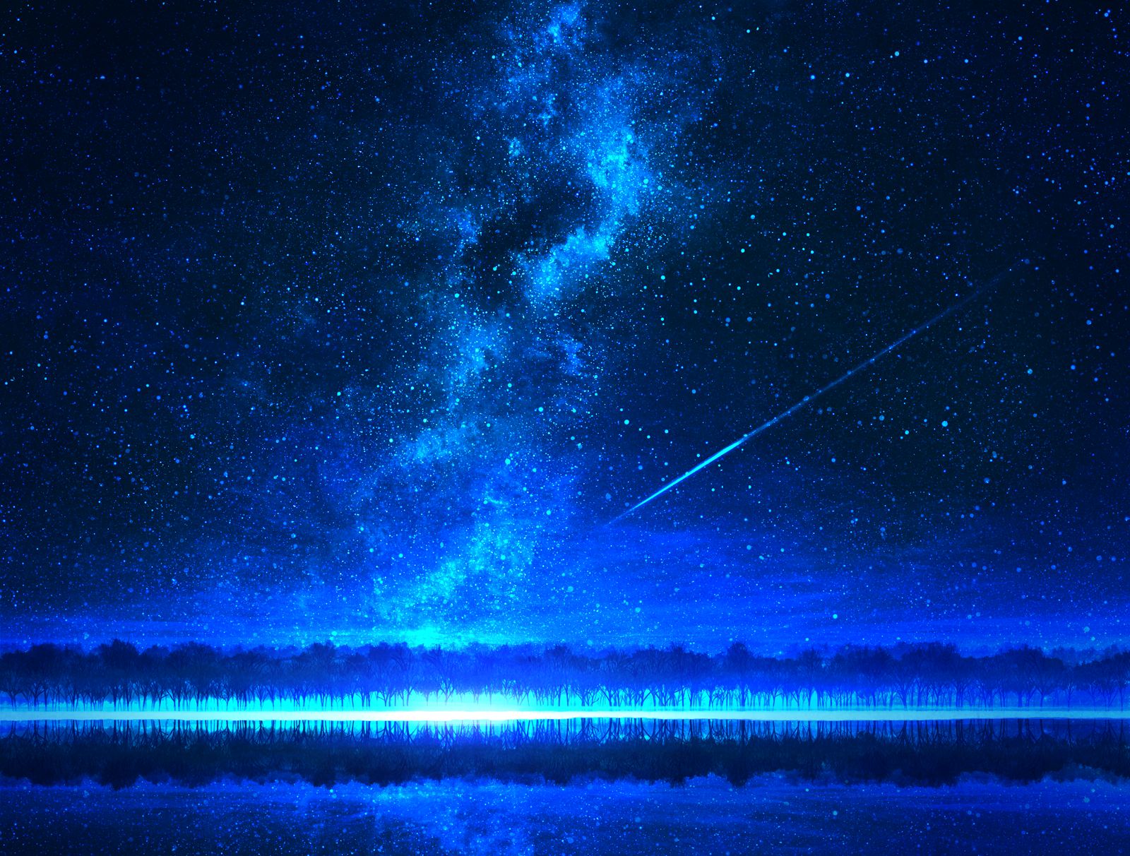 android galaxy, anime, original, aurora australis, comet, night, sky, stars, tree