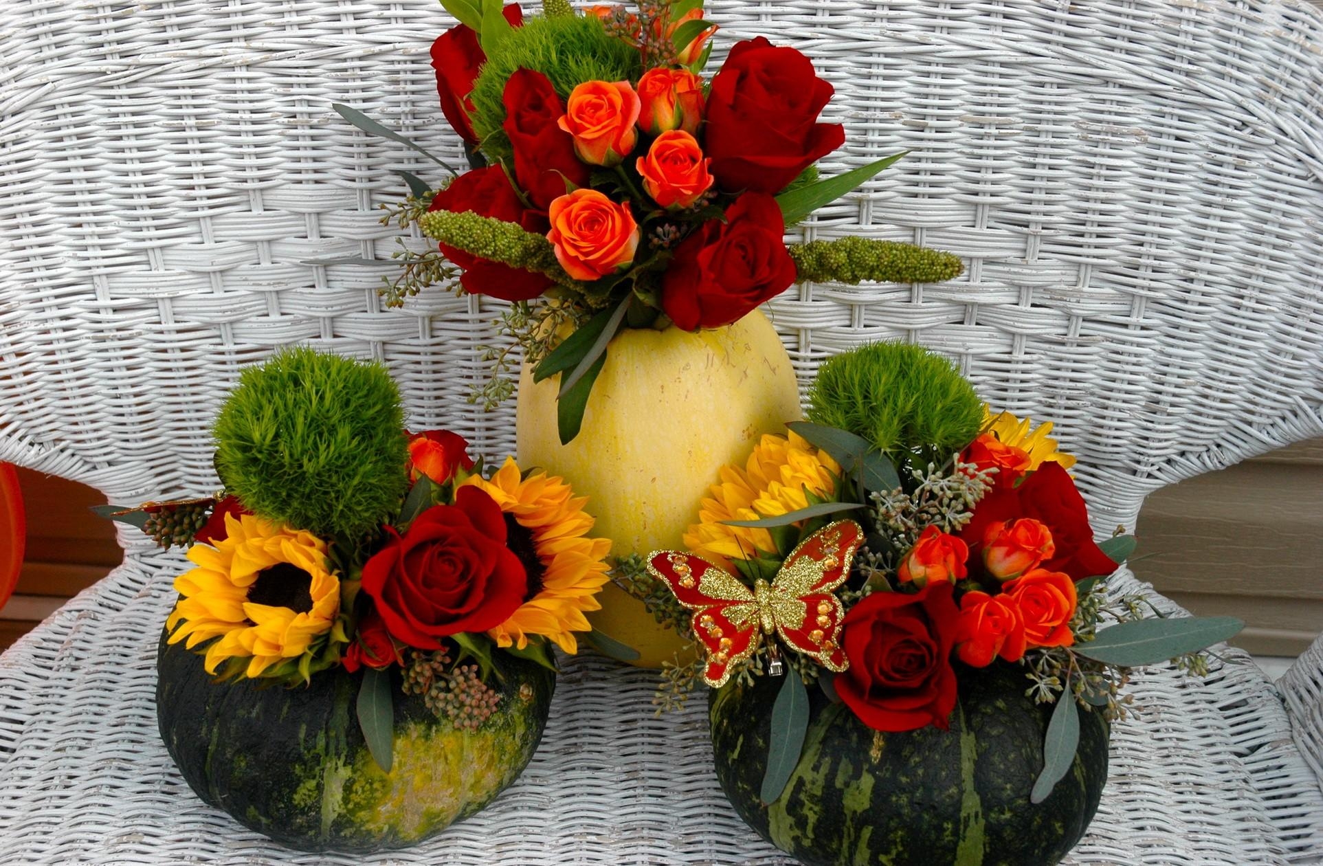 bouquets, pumpkin, butterfly, flowers, sunflowers, roses, composition