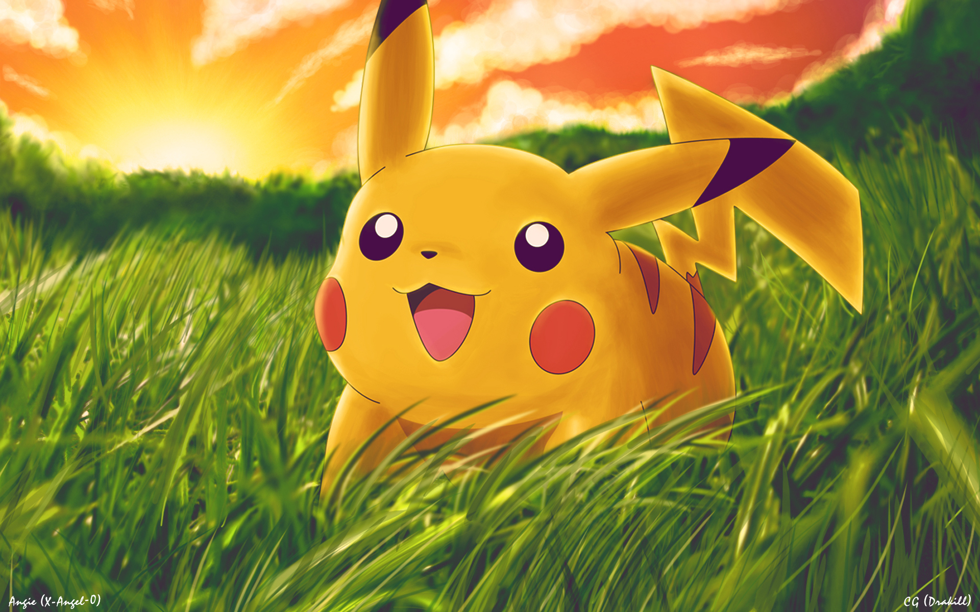pikachu, cute, grass, pokémon, anime Smartphone Background