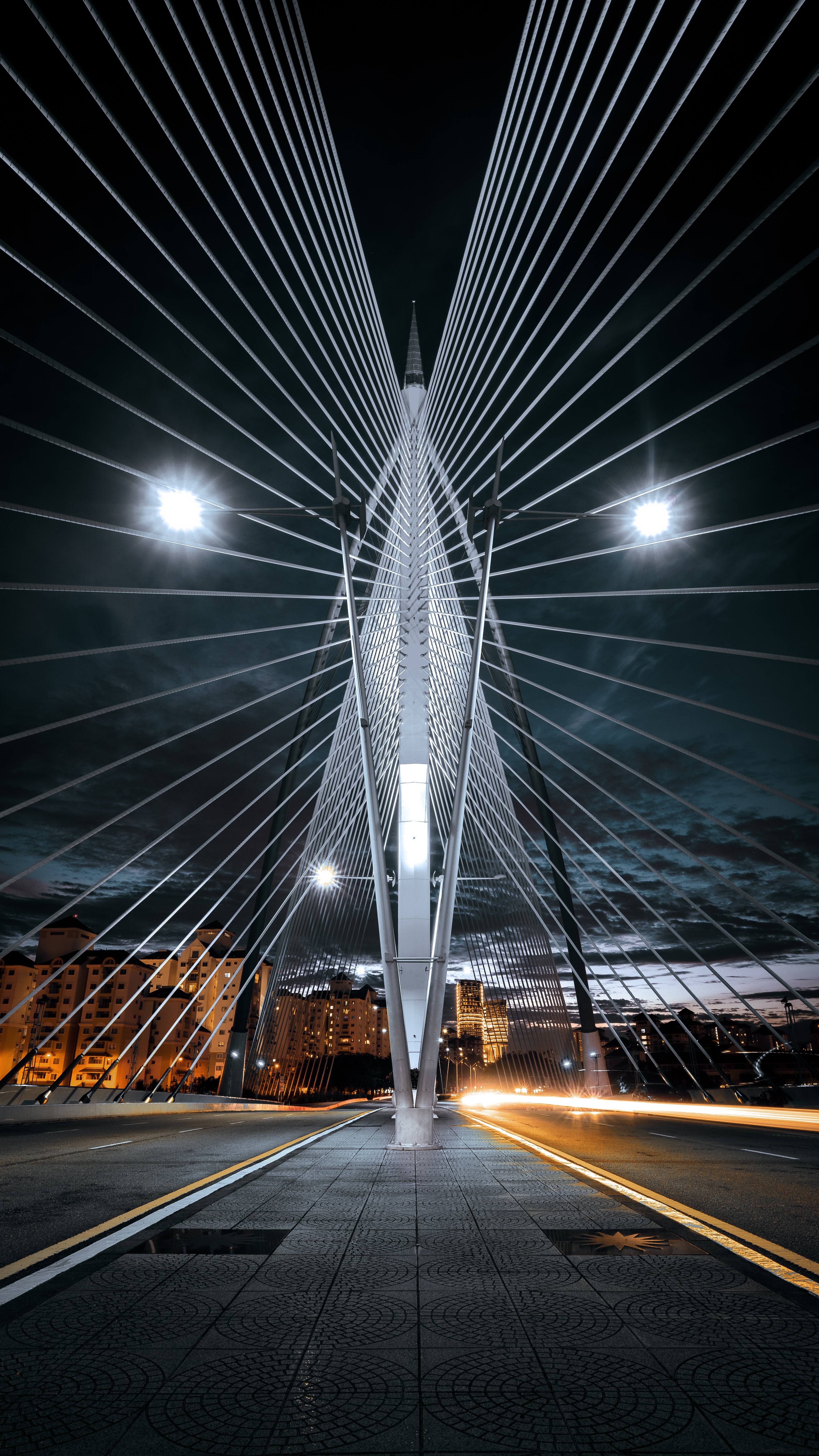 Download mobile wallpaper Design, Architecture, City, Cities, Night, Lights, Bridge, Construction for free.