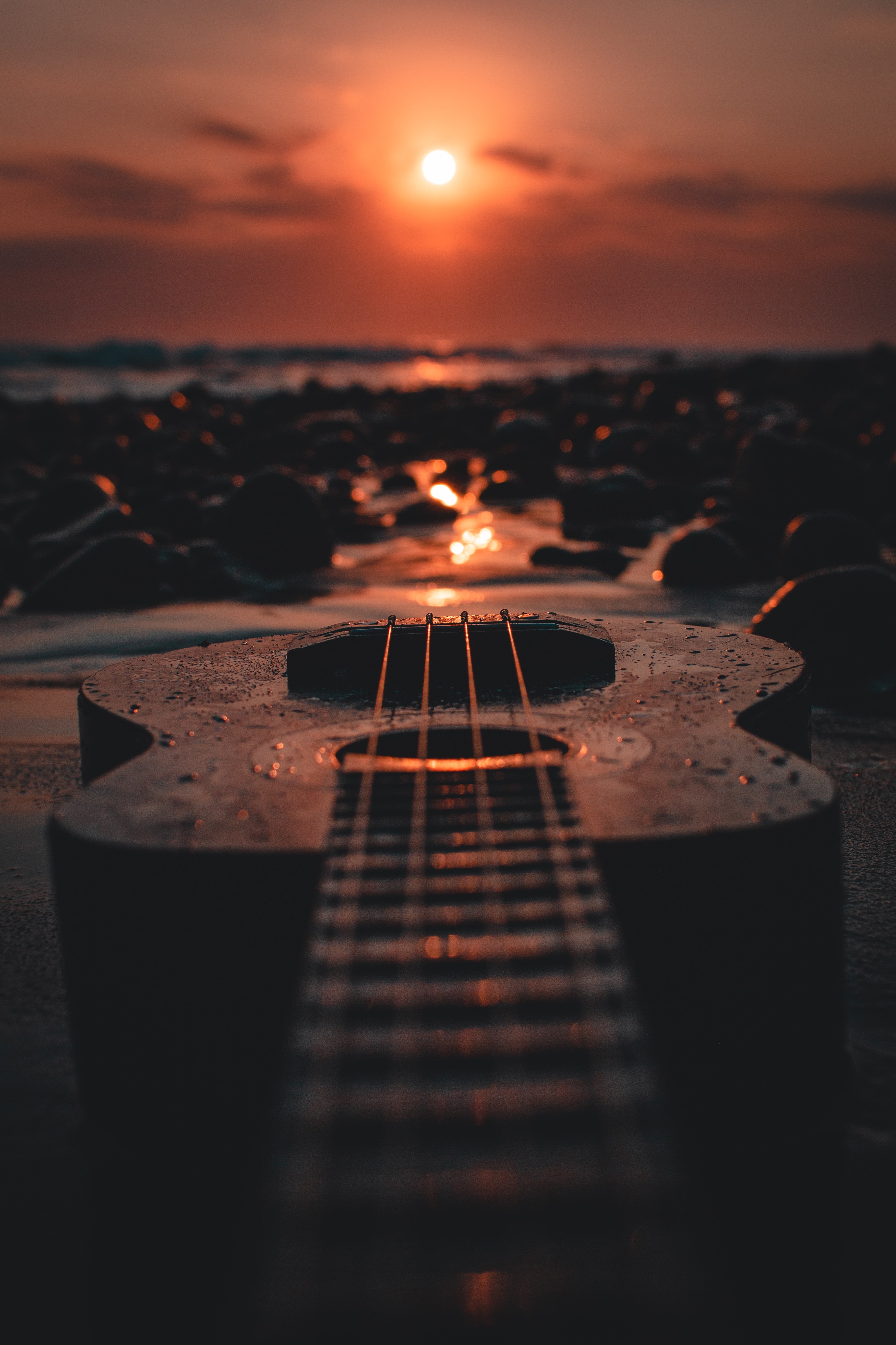 guitar, music, ukulele, sunset, twilight, beach, dusk Free Stock Photo