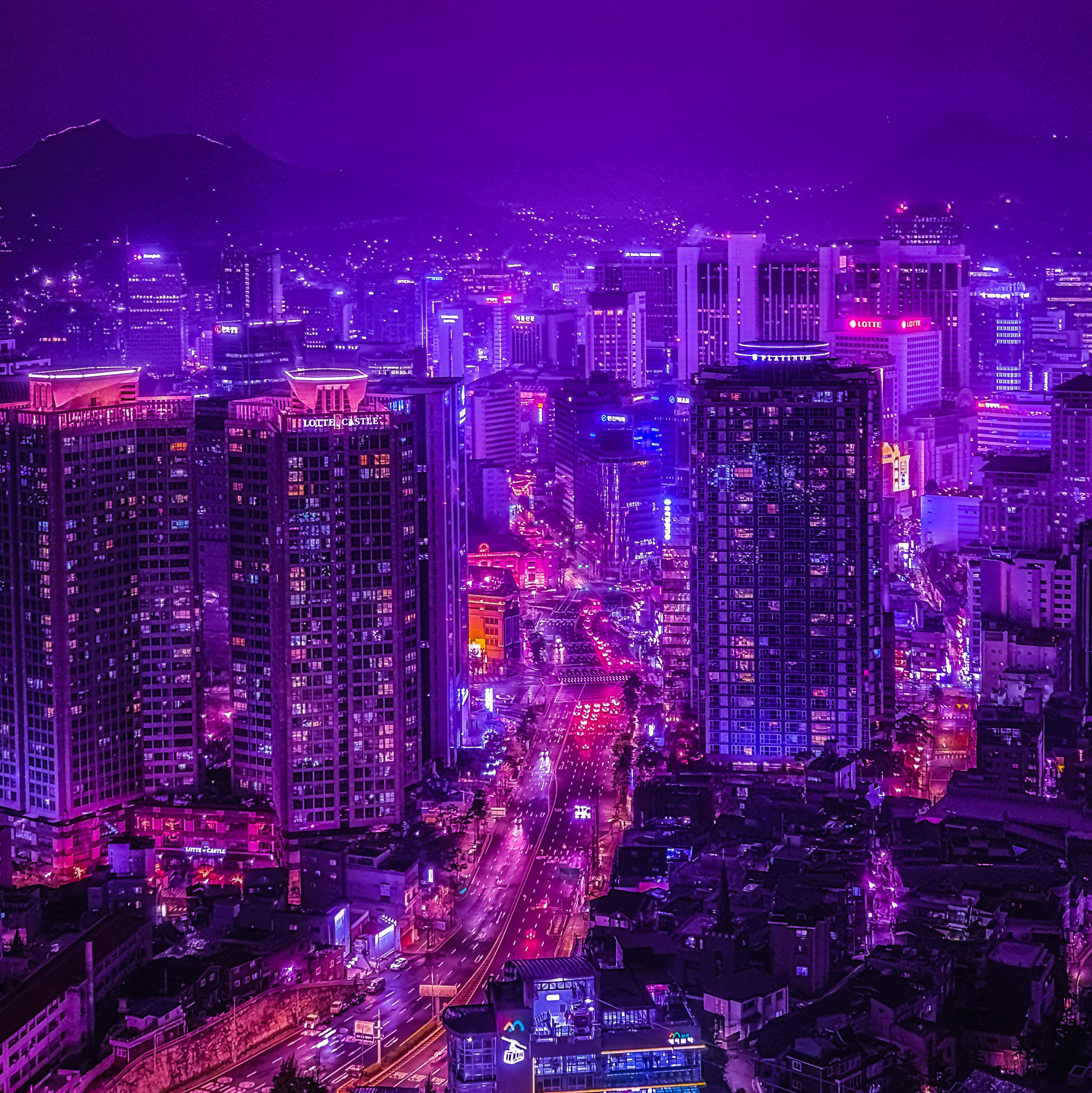 neon, night city, cities, architecture, lights, road cellphone