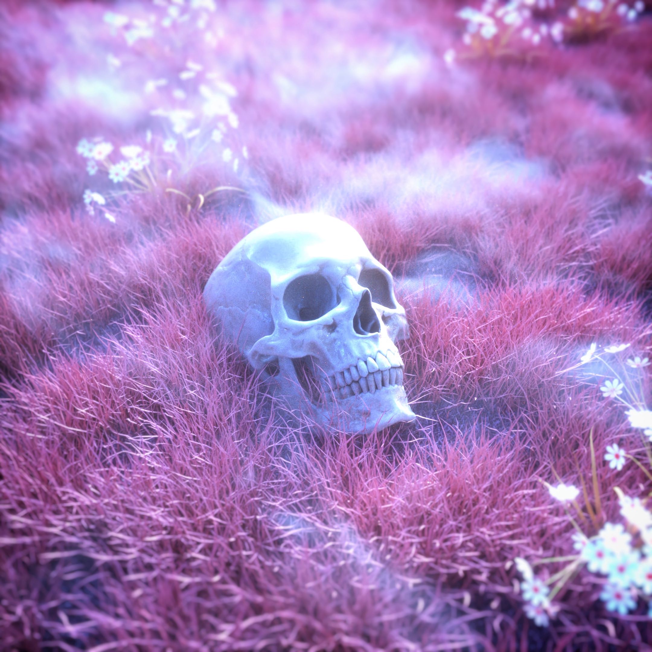 grass, art, pink, skull, skeleton