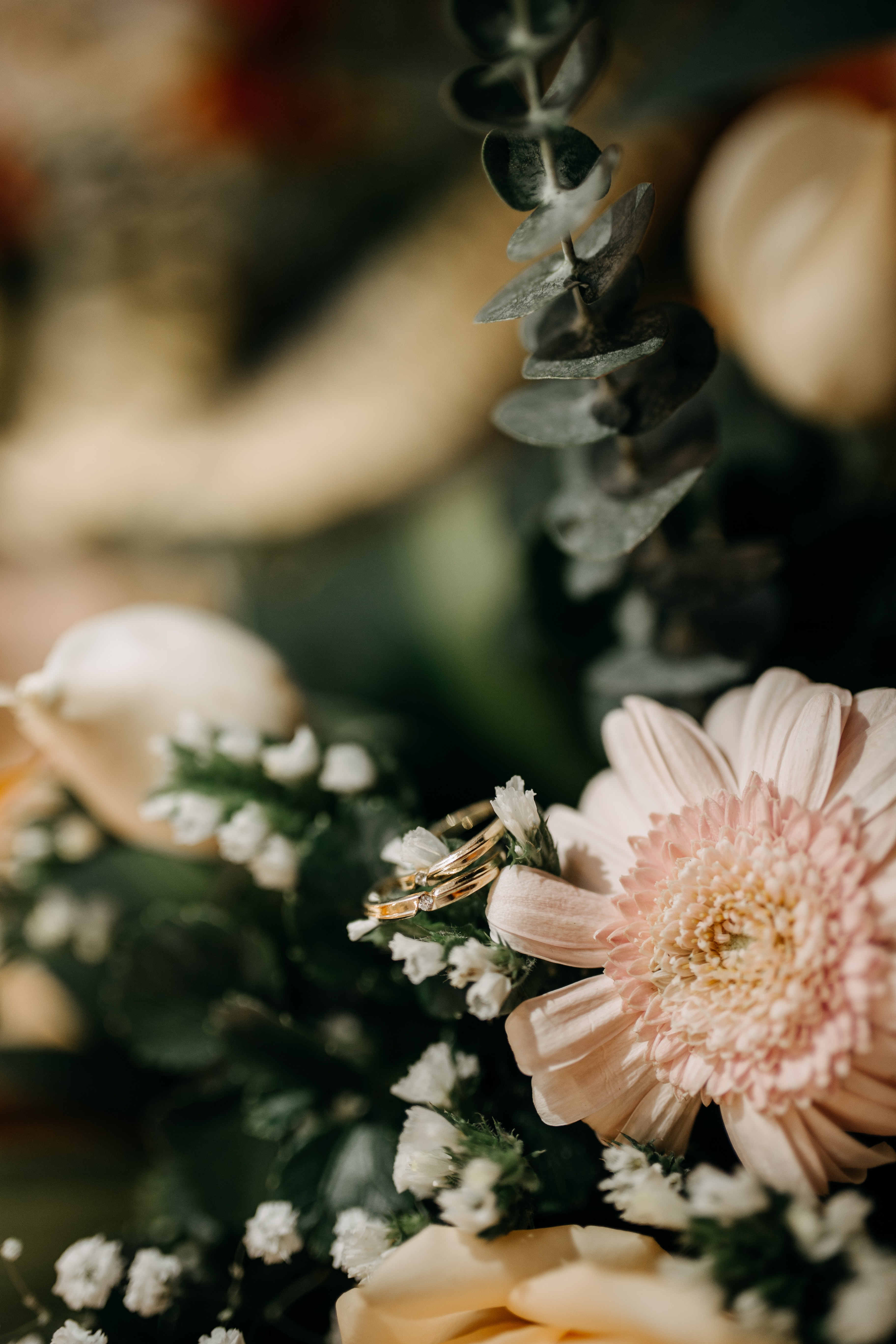 bouquet, flowers, love, rings, wedding rings