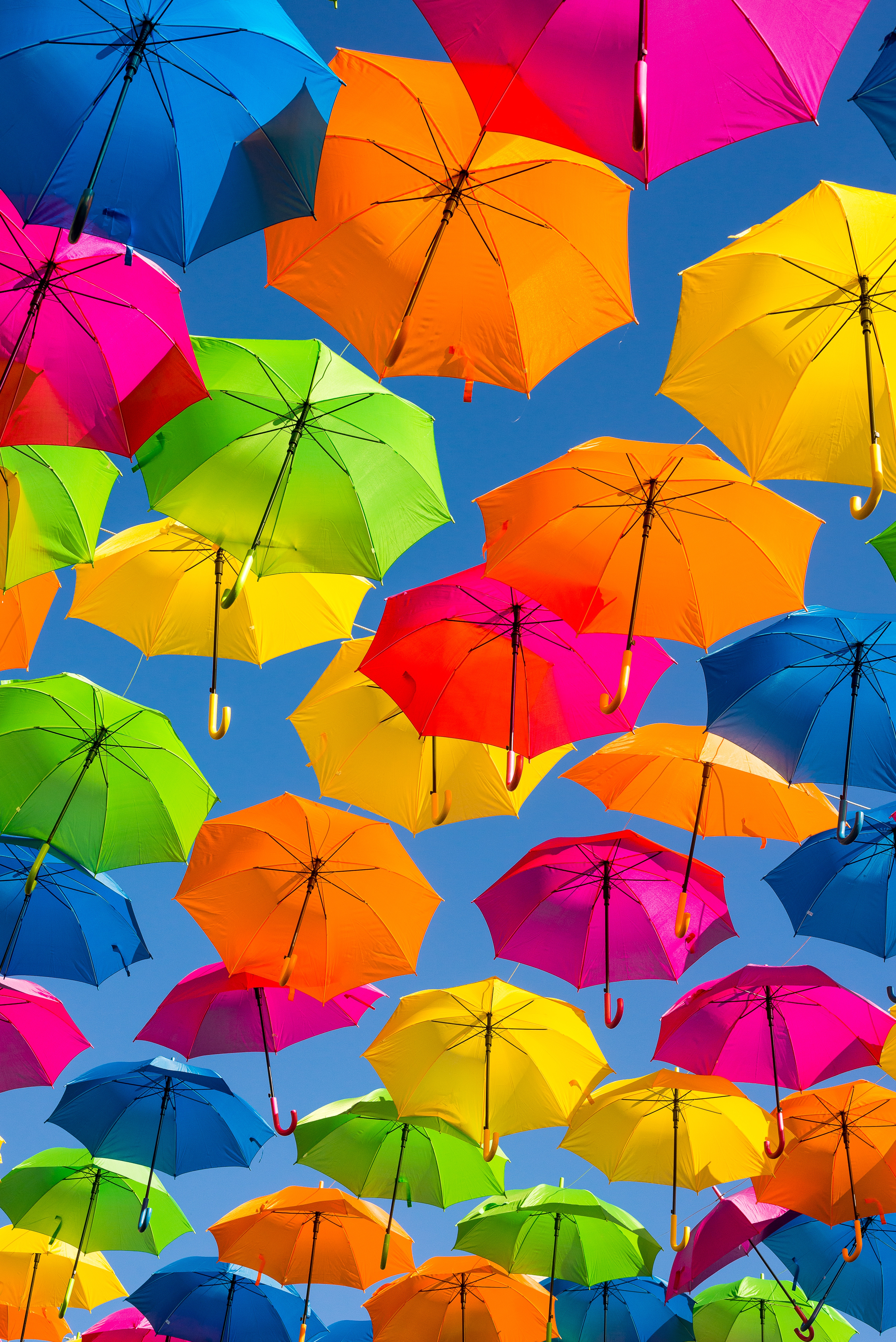 umbrella, bright, multicolored, miscellanea, miscellaneous, sky, rainbow, motley, iridescent, positive cell phone wallpapers