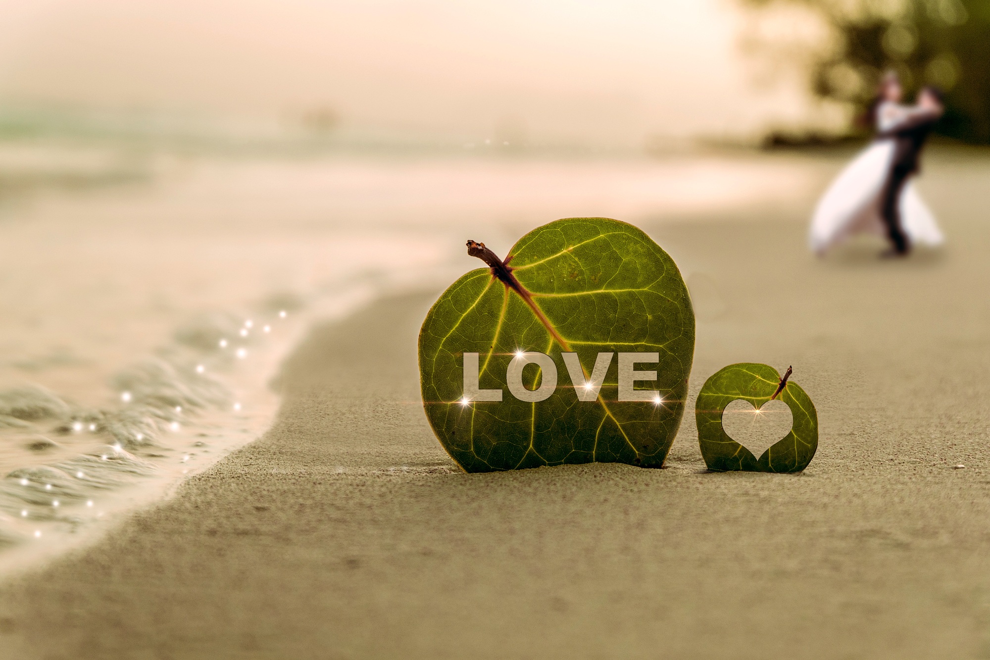 love, beach, artistic, leaf, heart, romantic, sand High Definition image