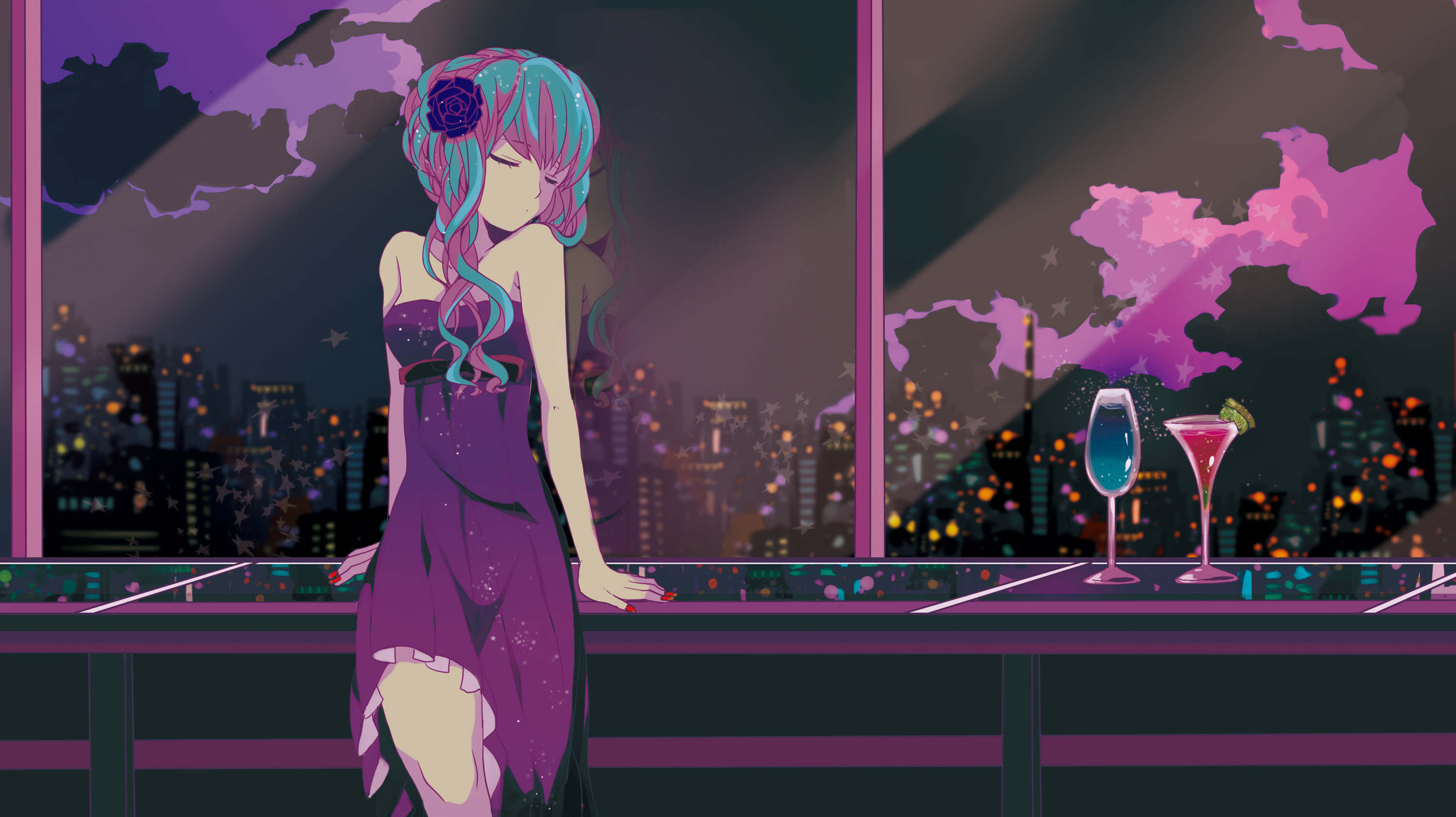 blue hair, purple dress, drink, glass, sky, two toned hair, dress, vocaloid, purple hair, hatsune miku, anime
