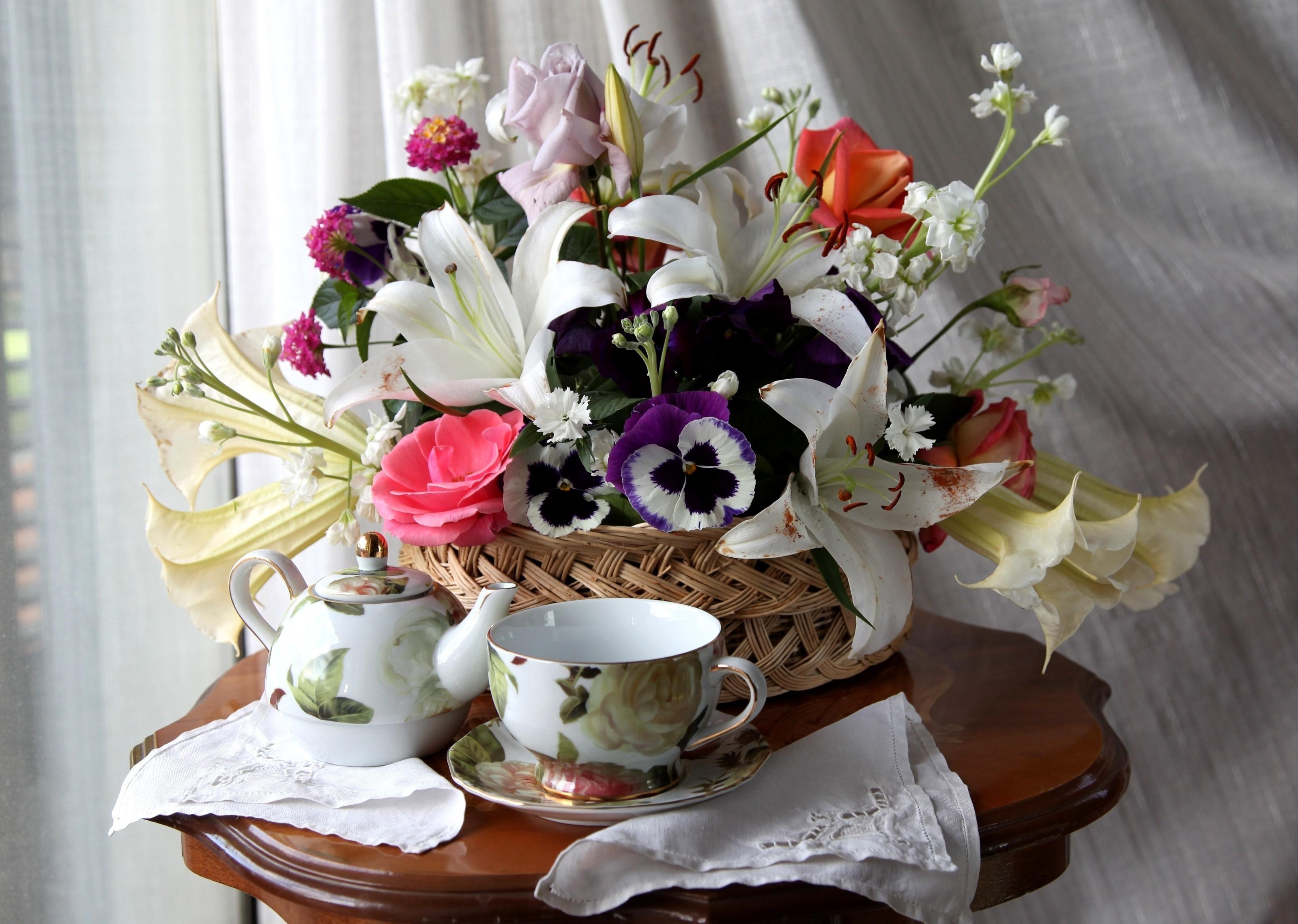 flowers, roses, pansies, lilies, table, basket, tea