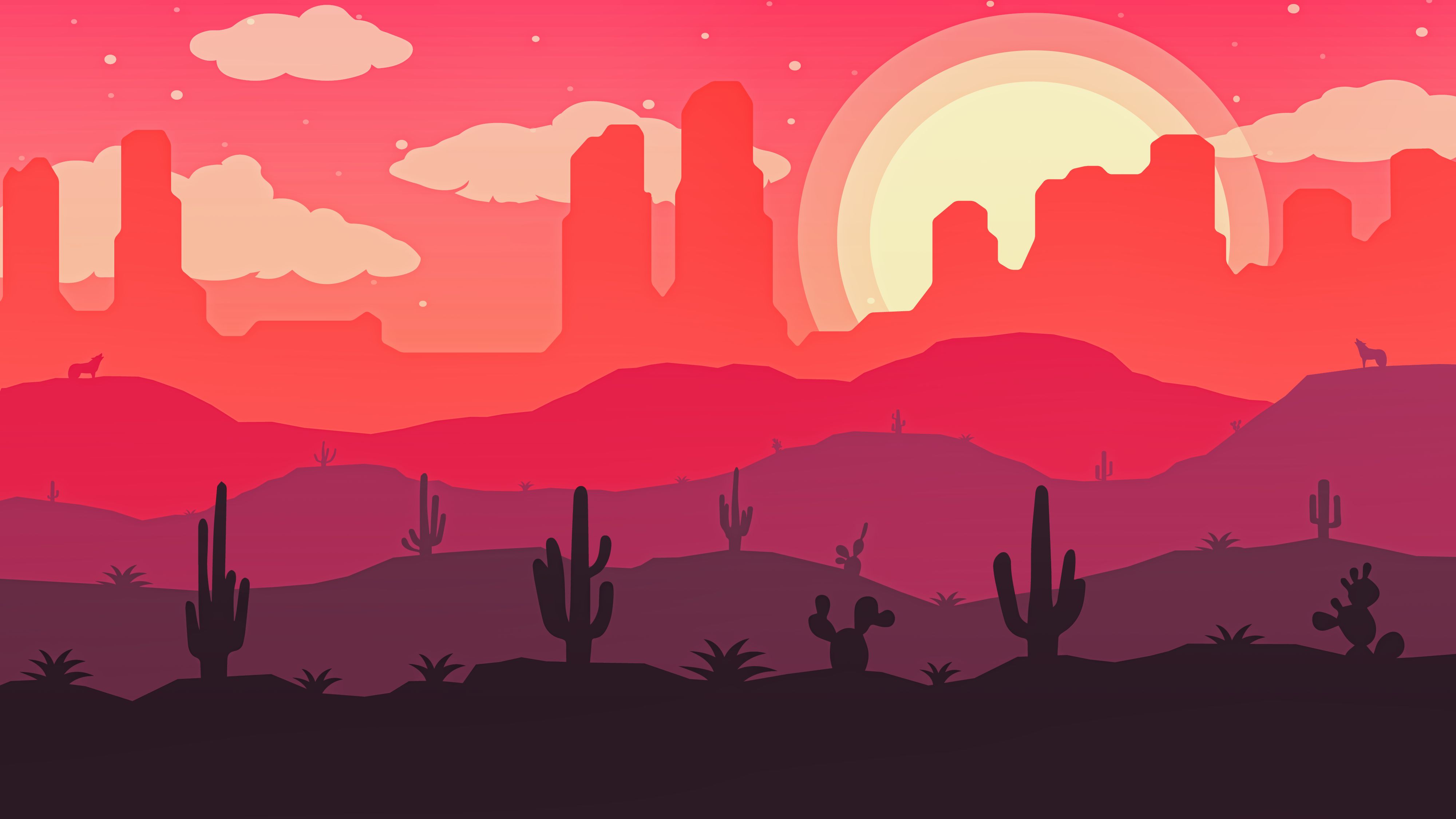 wolf, sun, cactuses, desert Widescreen Wallpaper