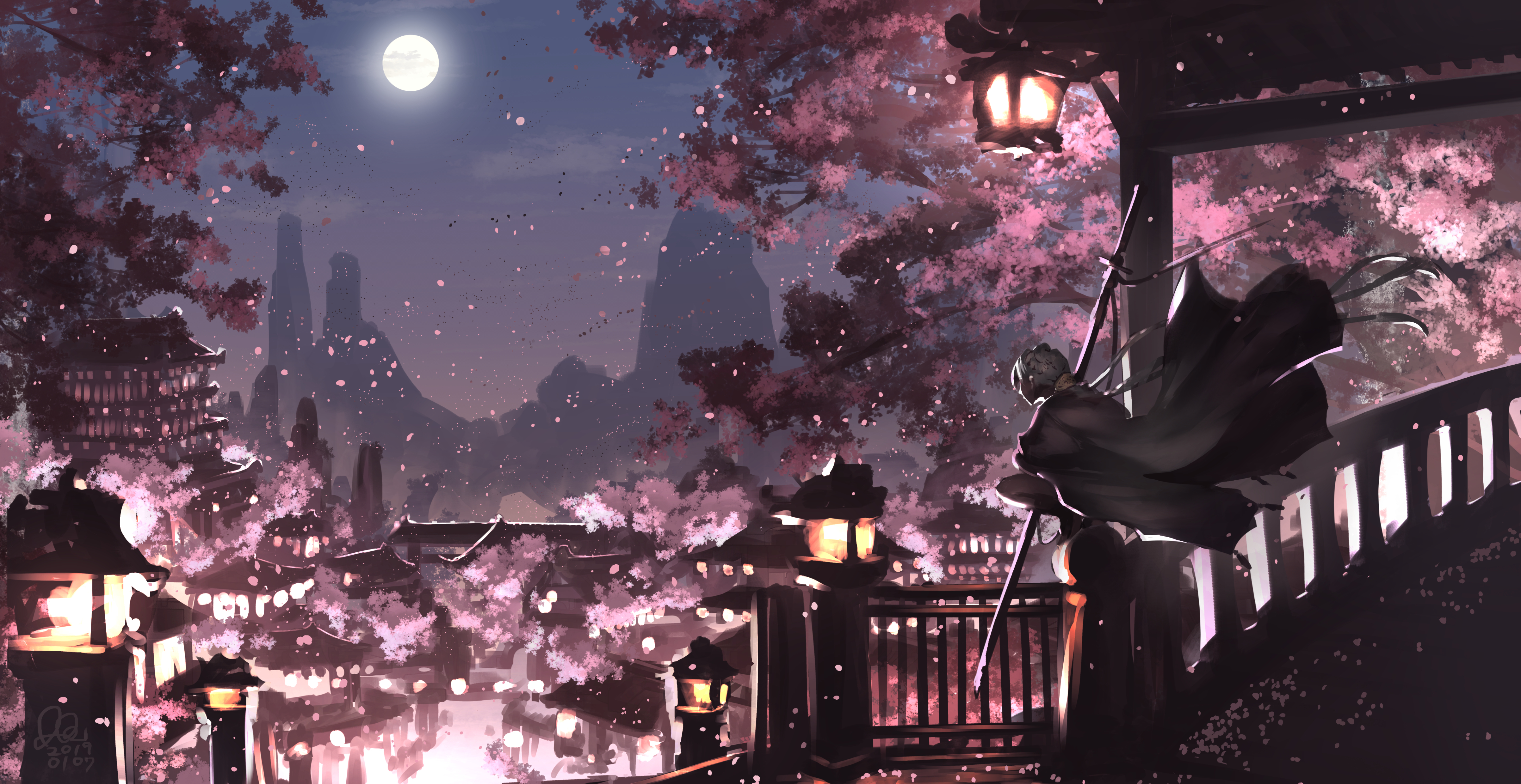 HD desktop wallpaper: Anime, Moon, Lantern, Cape, Cherry Blossom, Original,  Braid, Long Hair, White Hair download free picture #926445