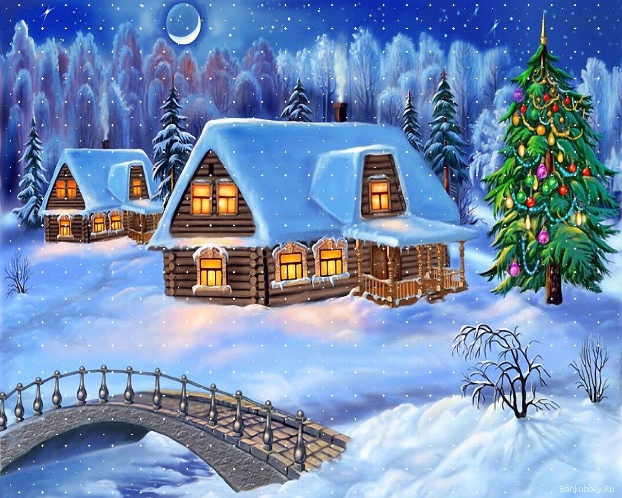 pictures, winter, bridges, landscape, houses, night, snow, blue Full HD