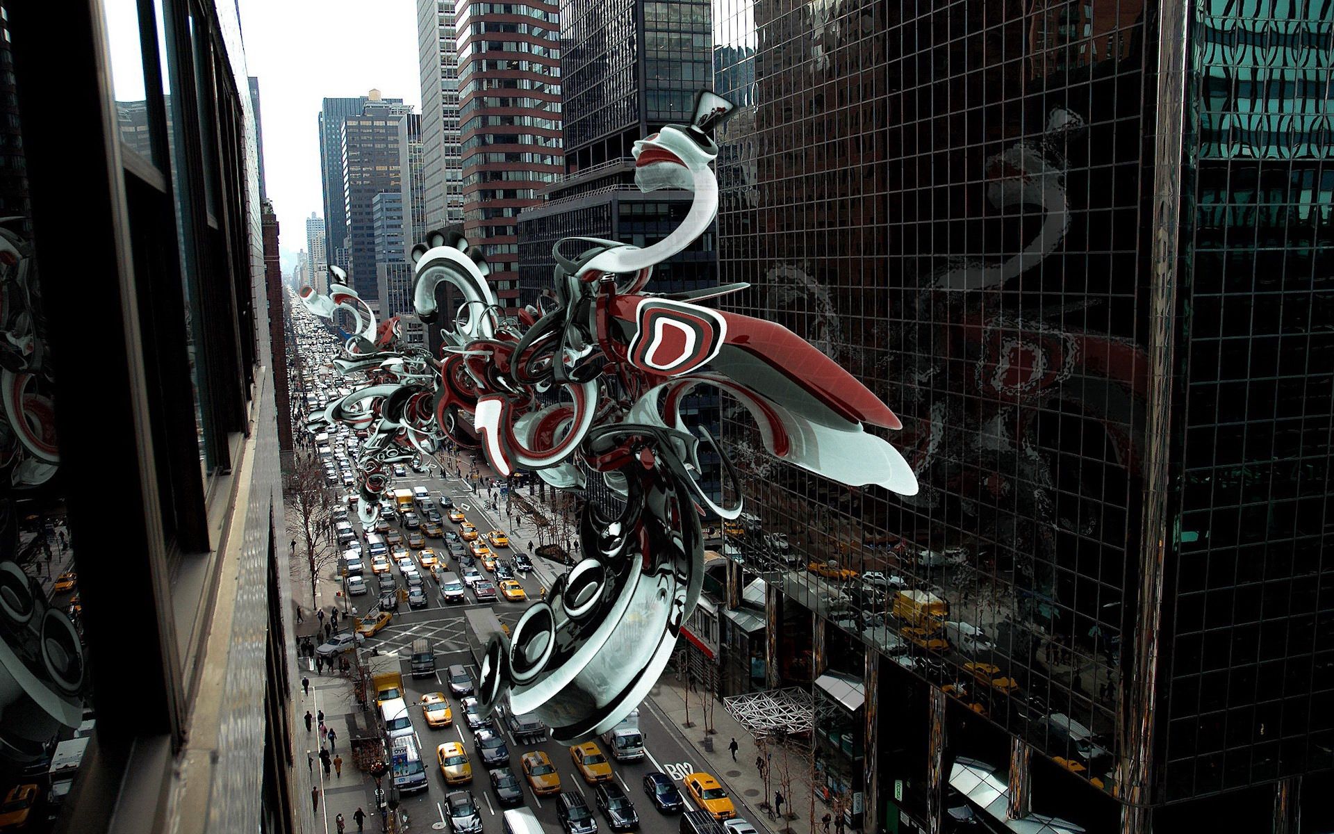 Download mobile wallpaper 3D, City, Flight, Figurine for free.