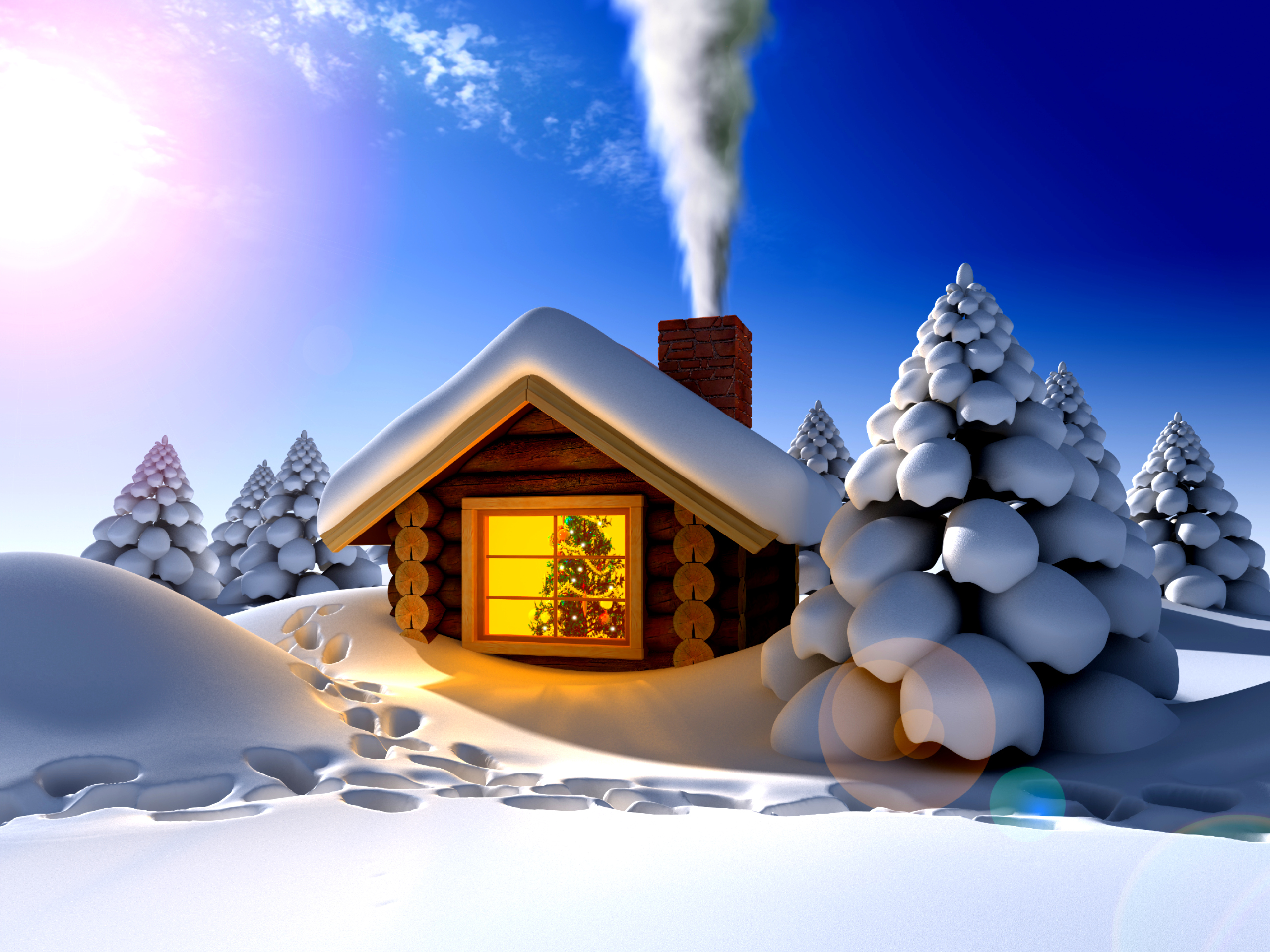 3d, winter, christmas, holiday, cabin, smoke, snow, tree, window