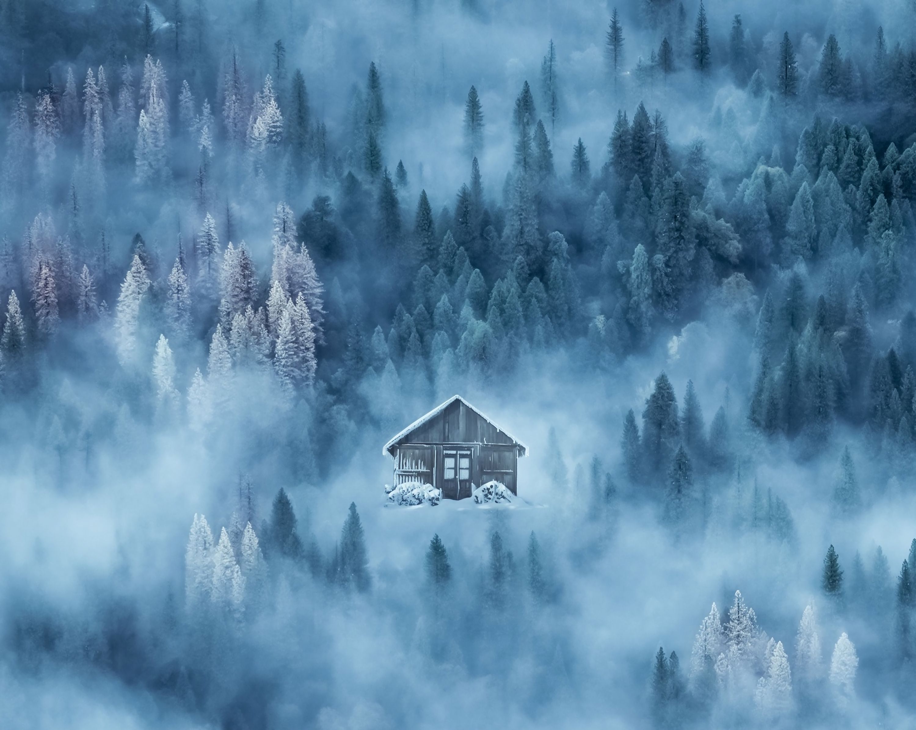 Handy-Wallpaper Haus, Winter, Natur, Schnee, Wald, Nebel kostenlos herunterladen.