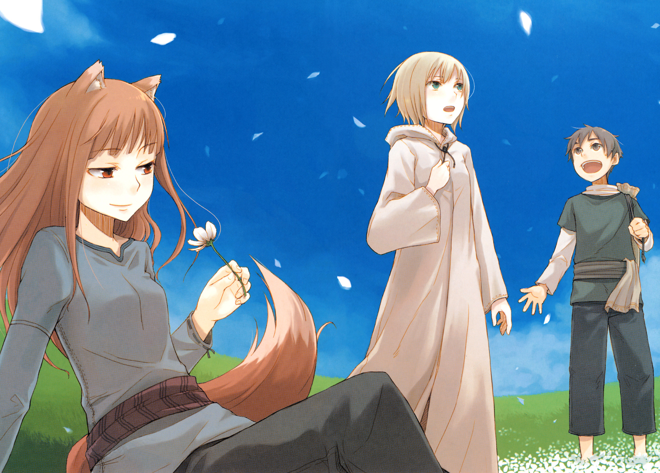 nature, holo (spice & wolf), anime, spice and wolf, animal ears, belt, blonde, brown hair, flower, grass, kemonomimi, long hair, scarf, sky, smile, tail