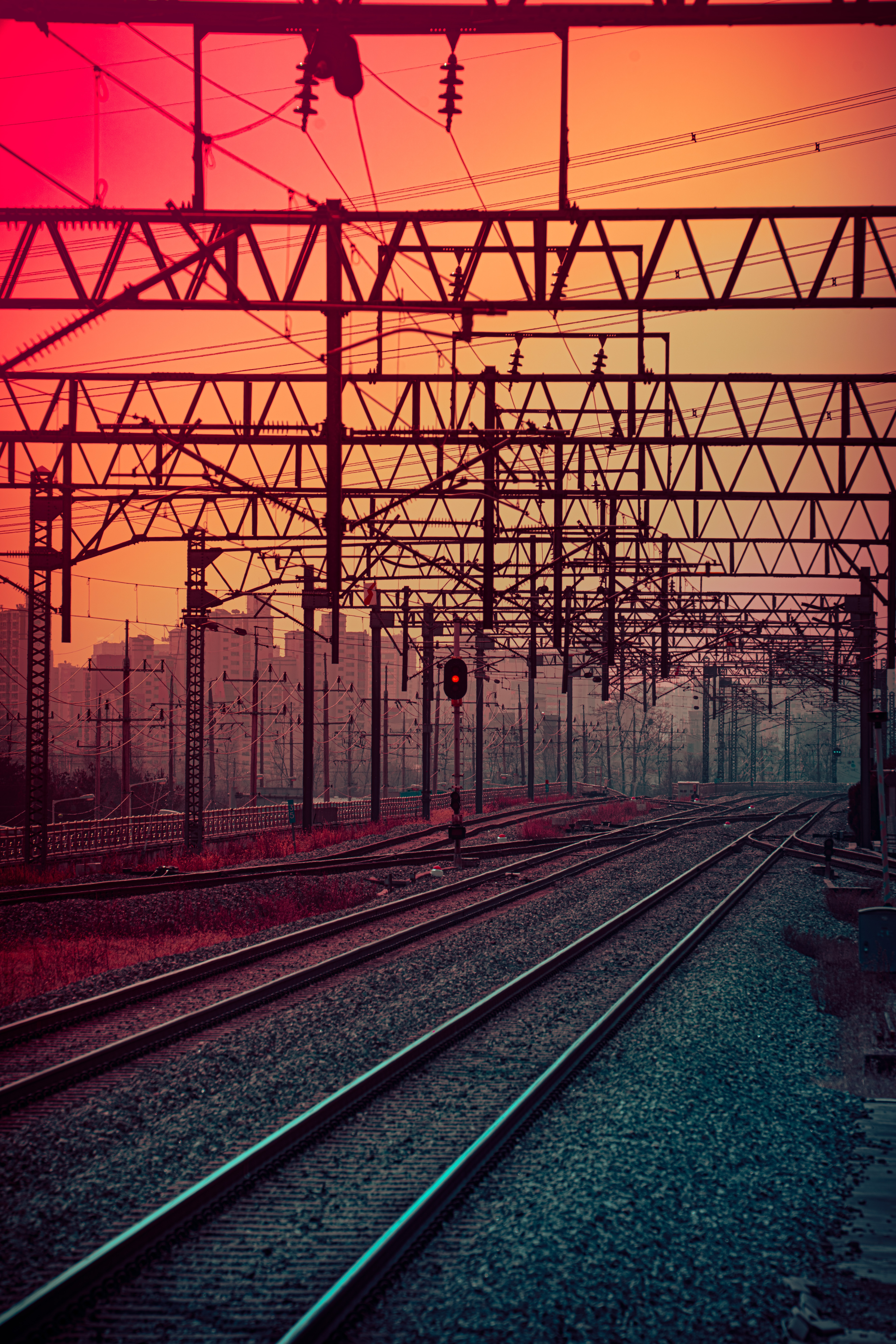 railway, sunset, miscellanea, miscellaneous, design, construction, traffic light, rails for android